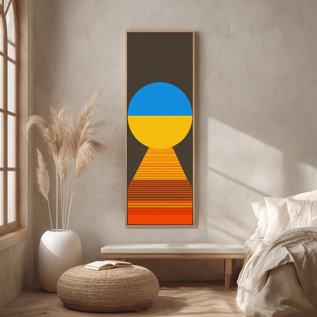 a modern hallway with a large abstract painting hanging on the wall, depicting a staircase leading up to a blue and yellow circle. The hallway is well-lit, with natural light coming in through the windows, and there is a bench in the foreground.