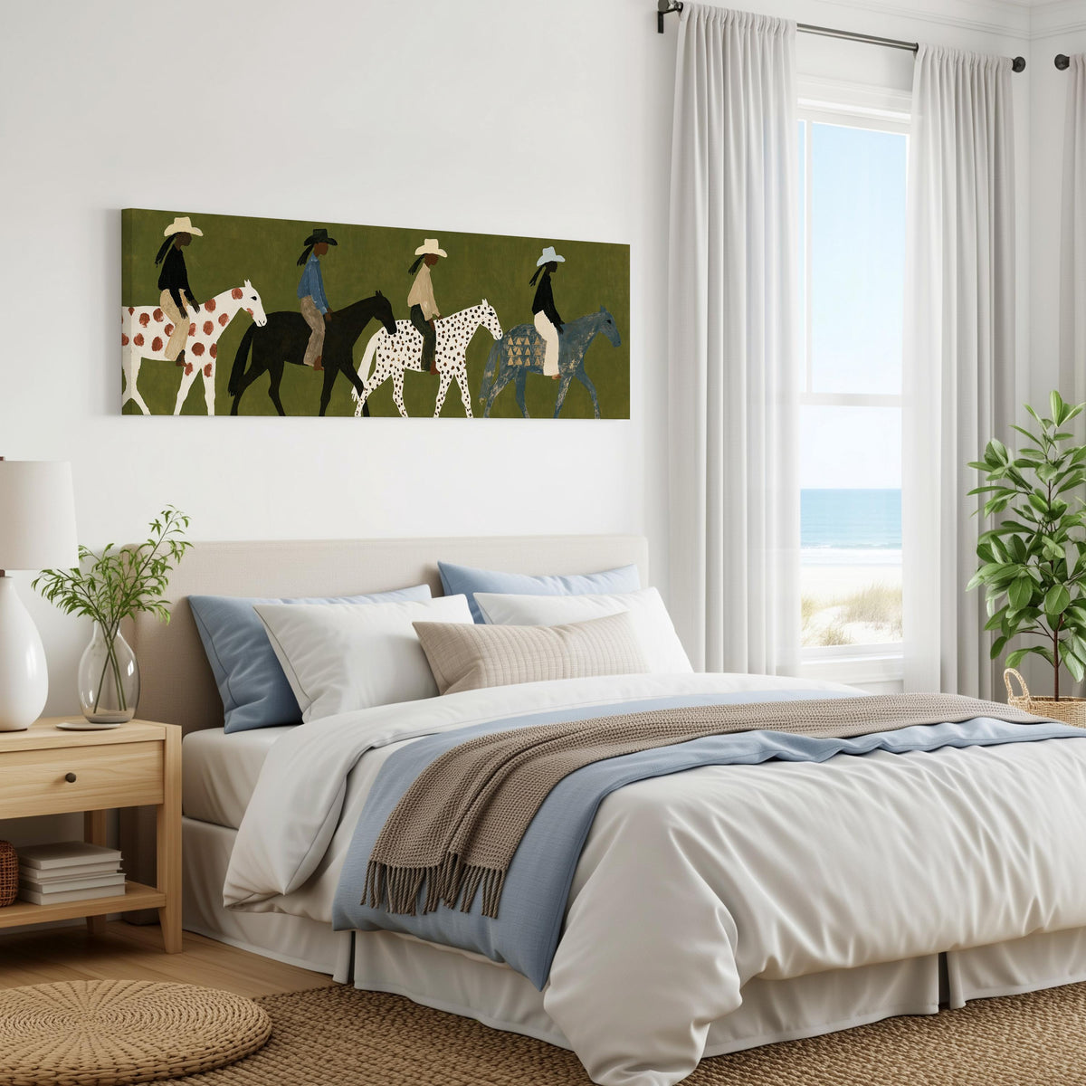 Riders on spotted ponies on olive green panoramic canvas print above a bed in a coastal bedroom