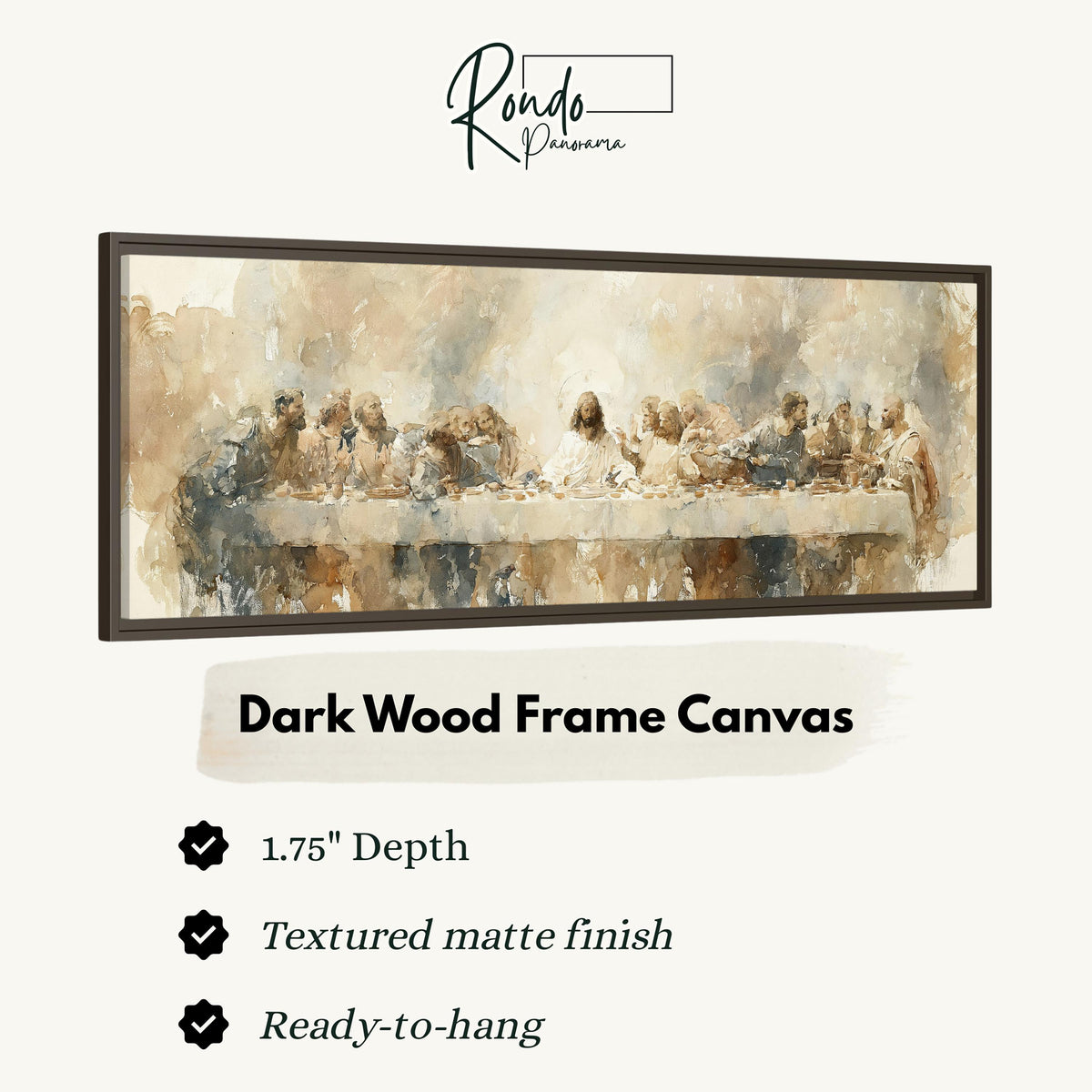 The Last Supper in soft gold tones canvas print in a dark wood floating frame