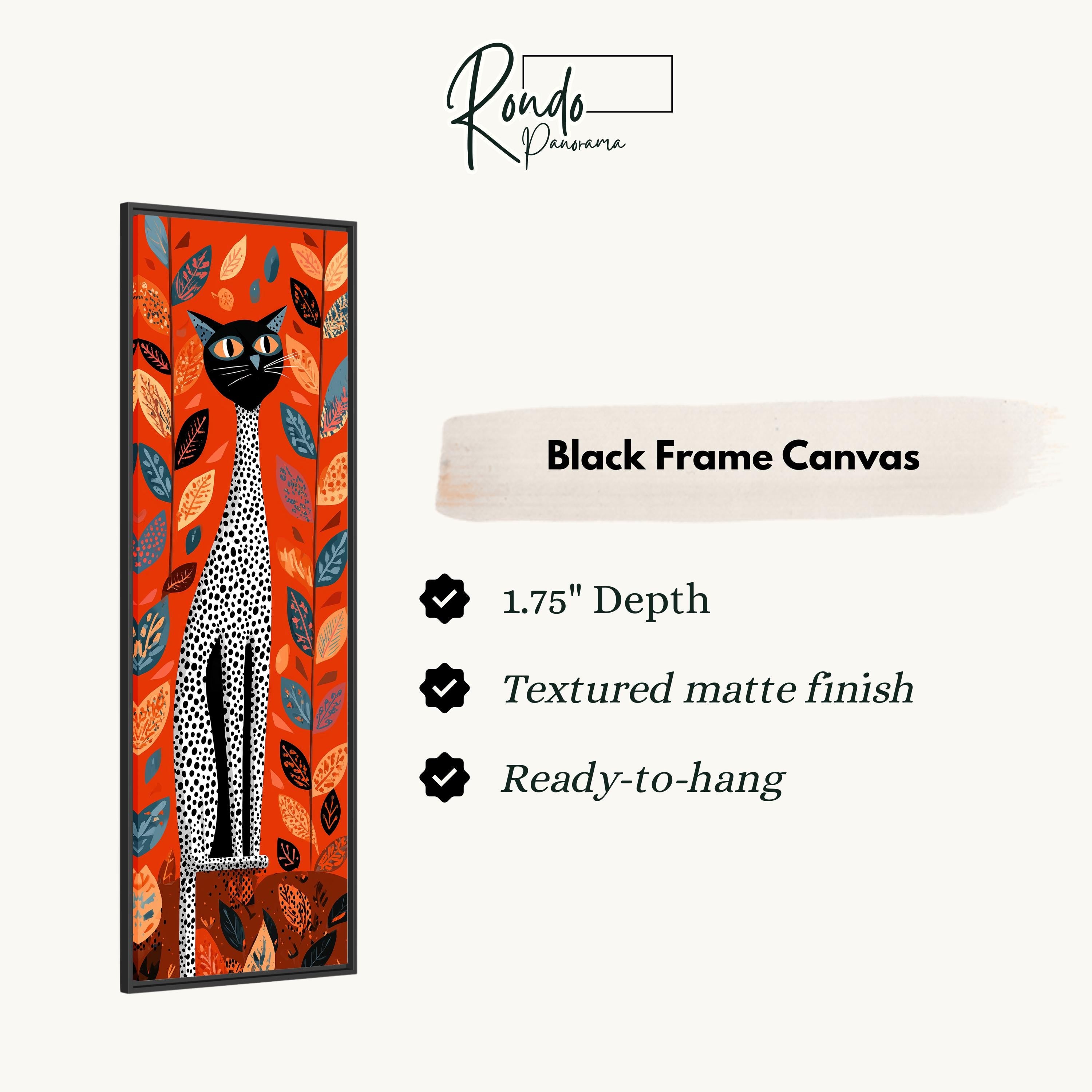 The image is a black frame canvas featuring a cat with a red background and orange leaves.