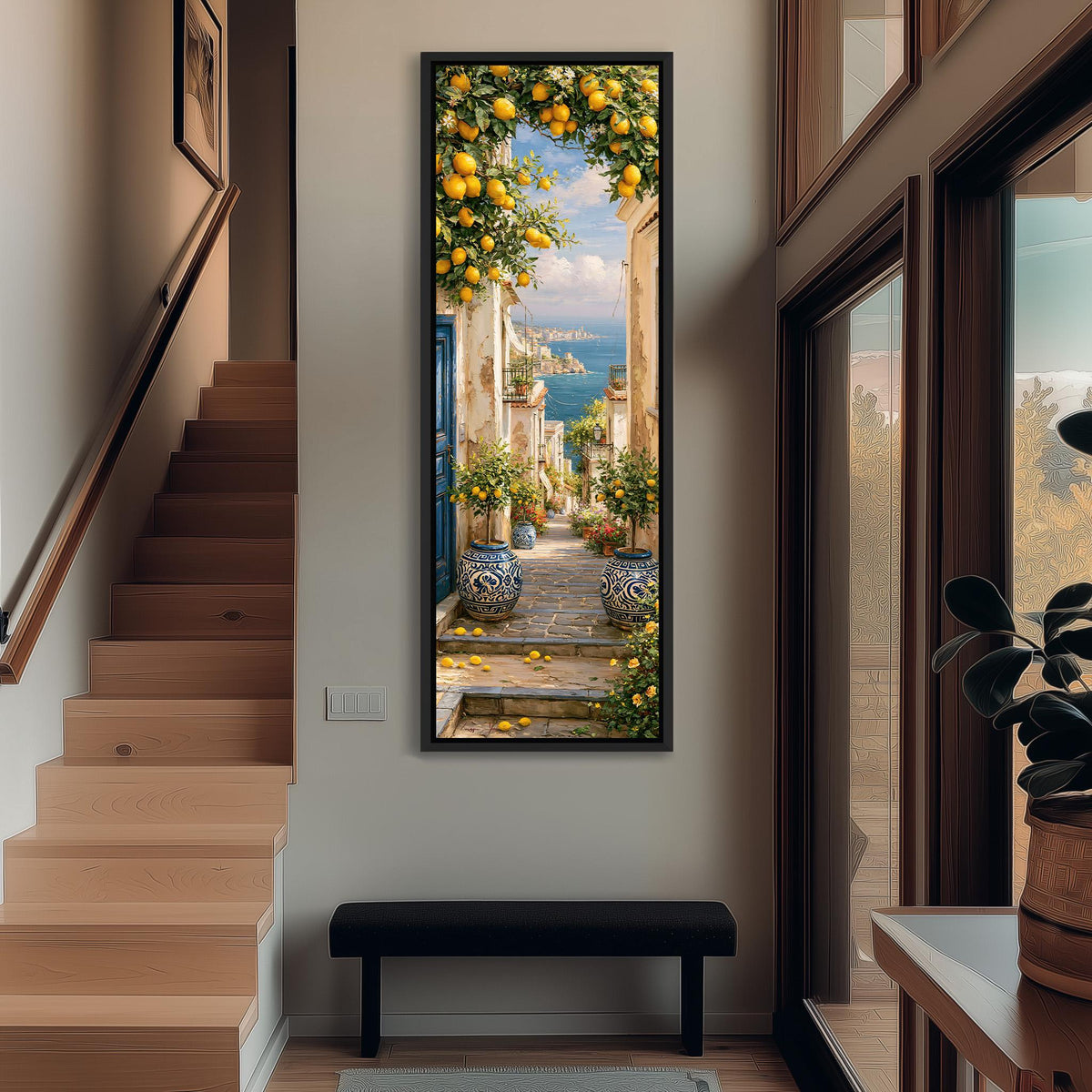 Lemon tree alley leading to the sea tall narrow canvas print beside a staircase in an entryway