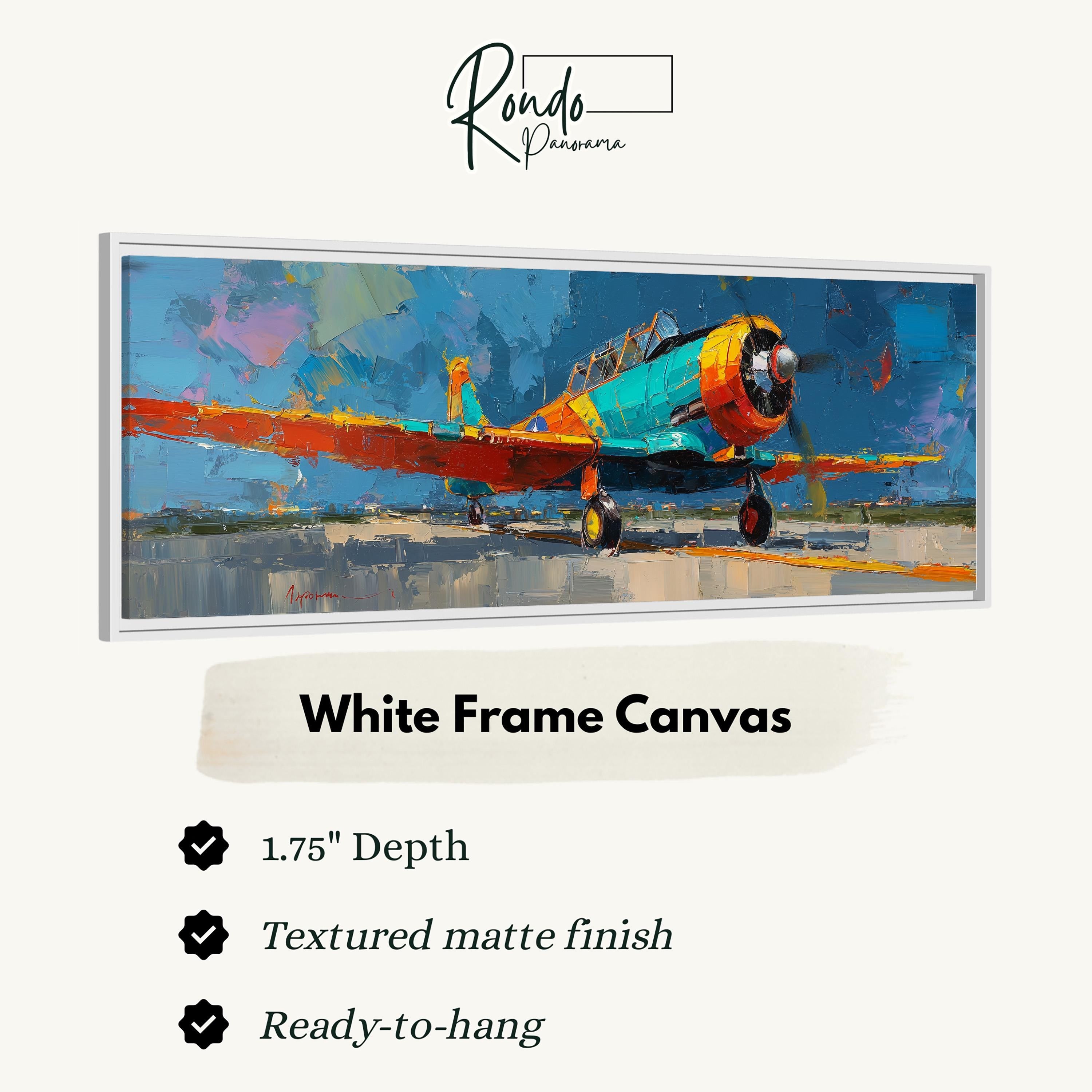 The image is a painting of a colorful airplane on a white background.
