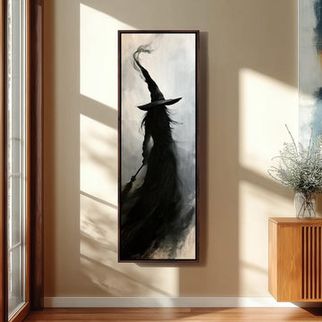 Witch silhouette with a tall hat in smoke long vertical canvas print in a sunlit living space