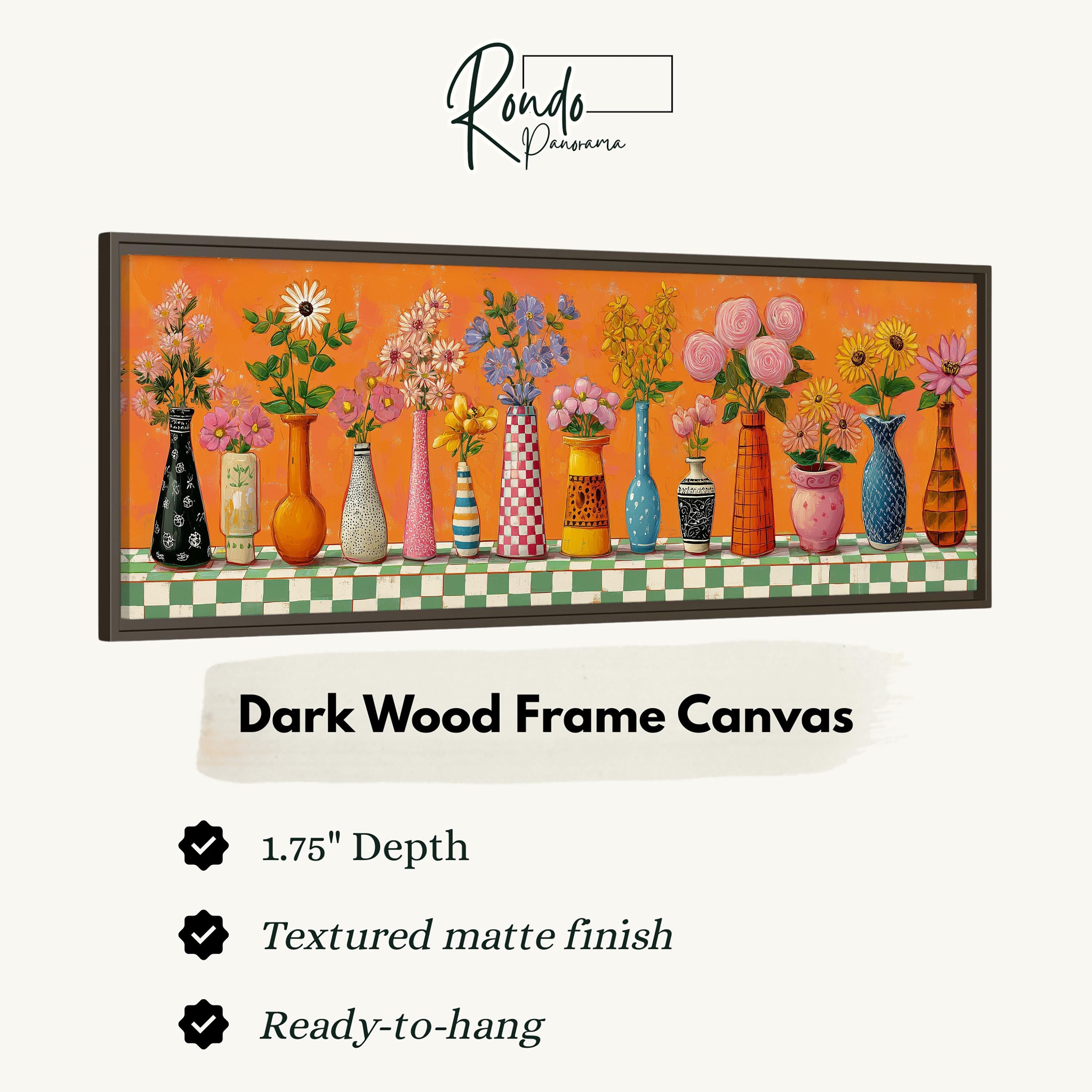 The image is a framed canvas depicting a row of colorful vases filled with flowers, arranged in a dark wood frame.