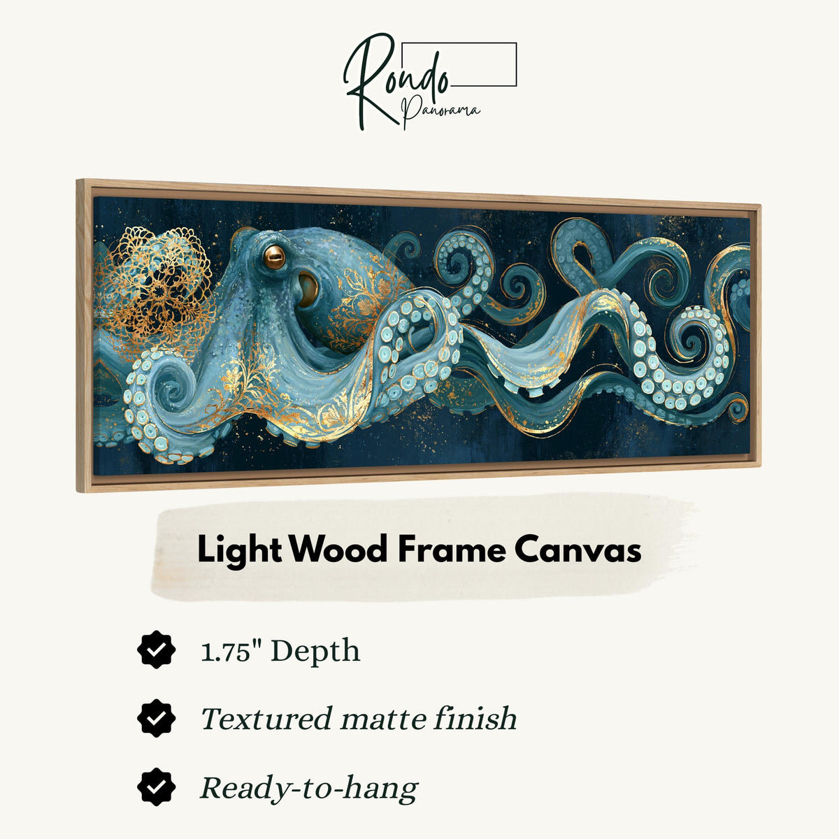 Blue and gold octopus canvas print in a light wood floating frame