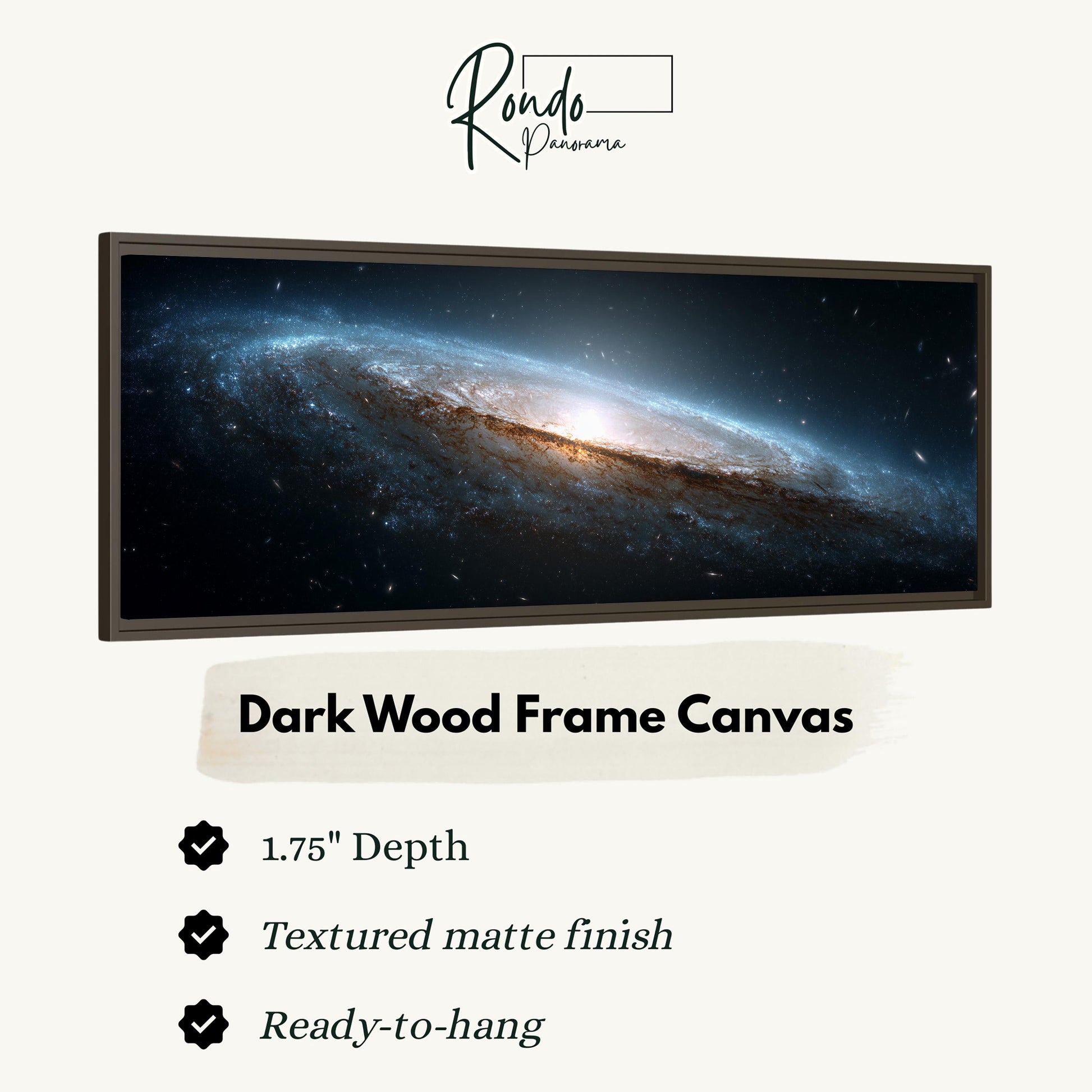 The image is a dark wood frame canvas depicting a galaxy with a bright center and dark background.