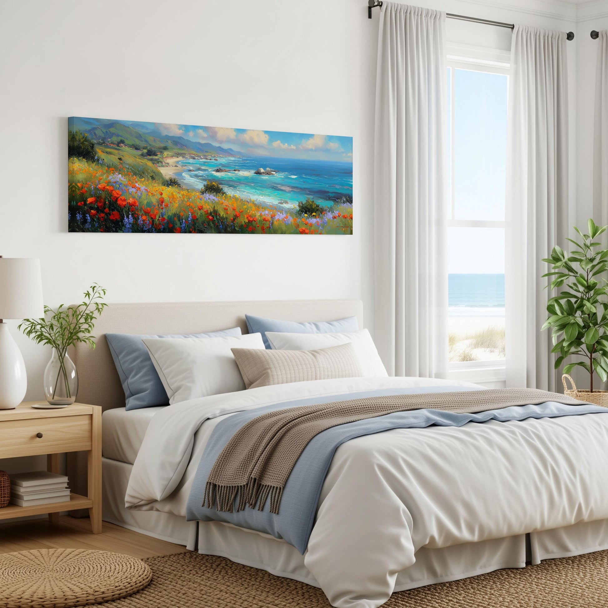 a serene bedroom with a large bed, a nightstand, and a painting of a coastal landscape hanging on the wall. The room has a calming and peaceful atmosphere, with natural elements like plants and a view of the ocean through the window.