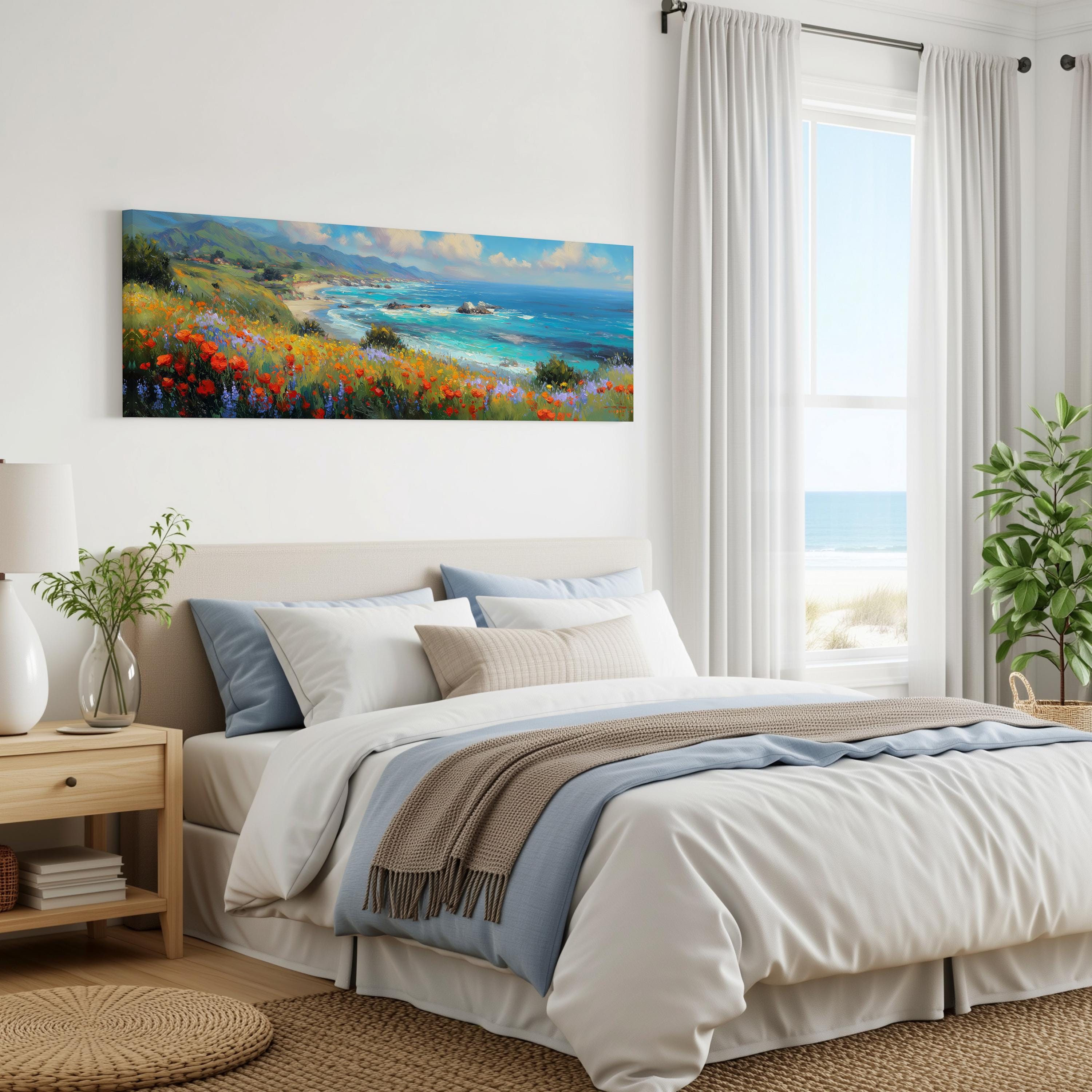 a serene bedroom with a large bed, a nightstand, and a painting of a coastal landscape hanging on the wall. The room has a calming and peaceful atmosphere, with natural elements like plants and a view of the ocean through the window.