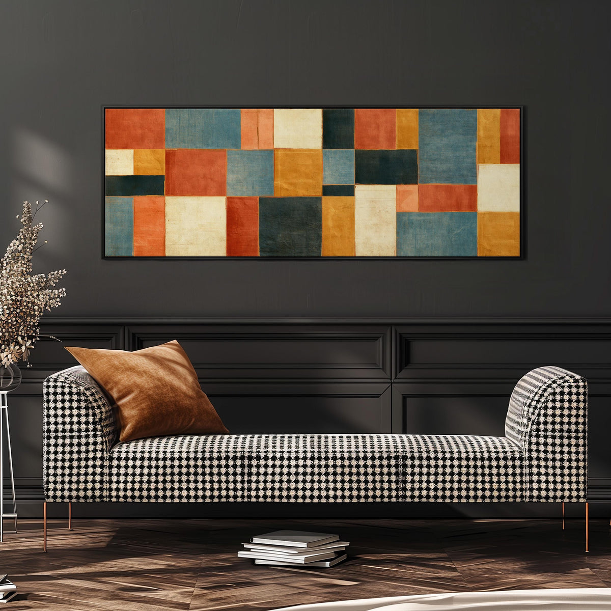 Rust, gold, navy and cream quilt blocks wide panoramic canvas print above a bench in a dark living room