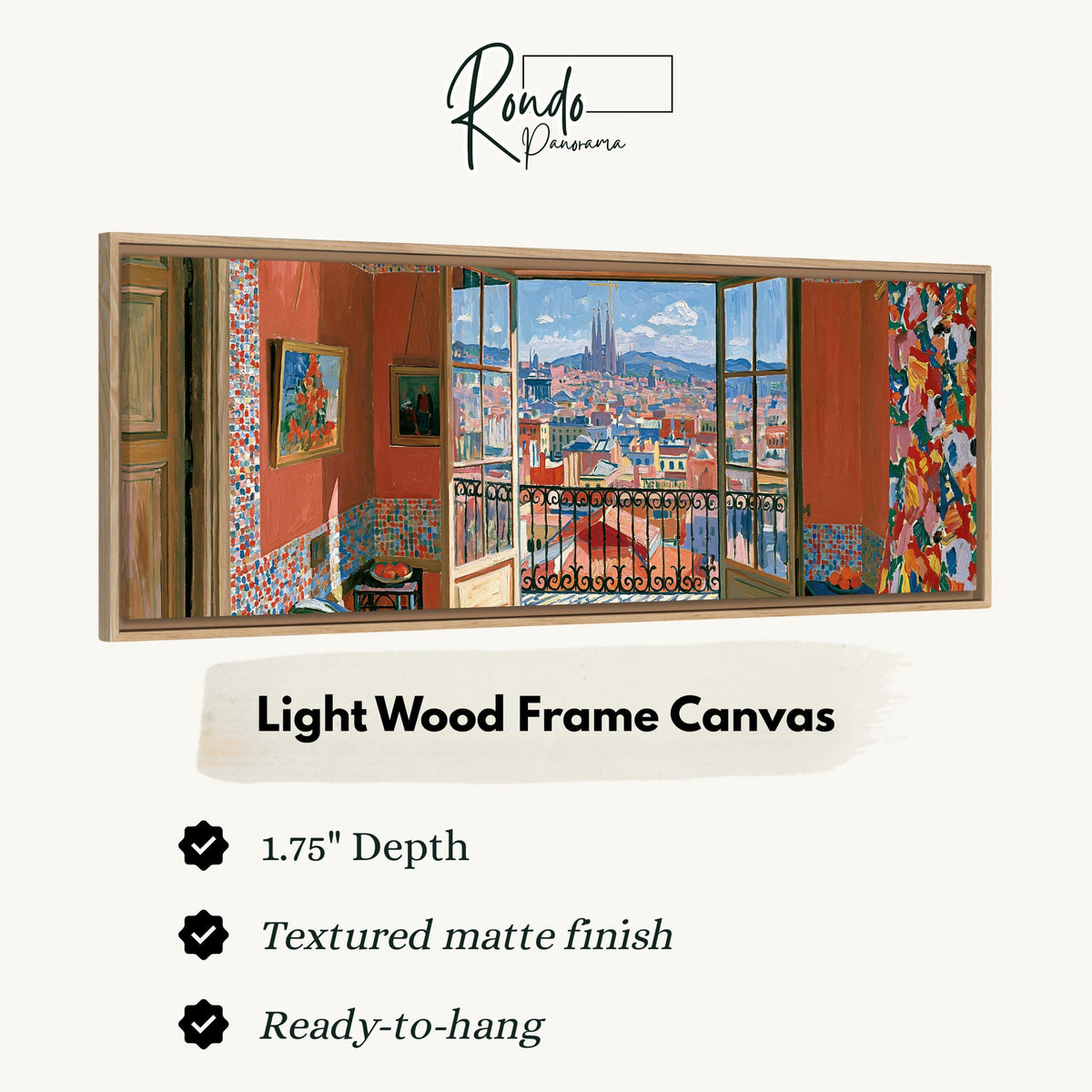 Barcelona seen through an open window canvas print in a light wood floating frame