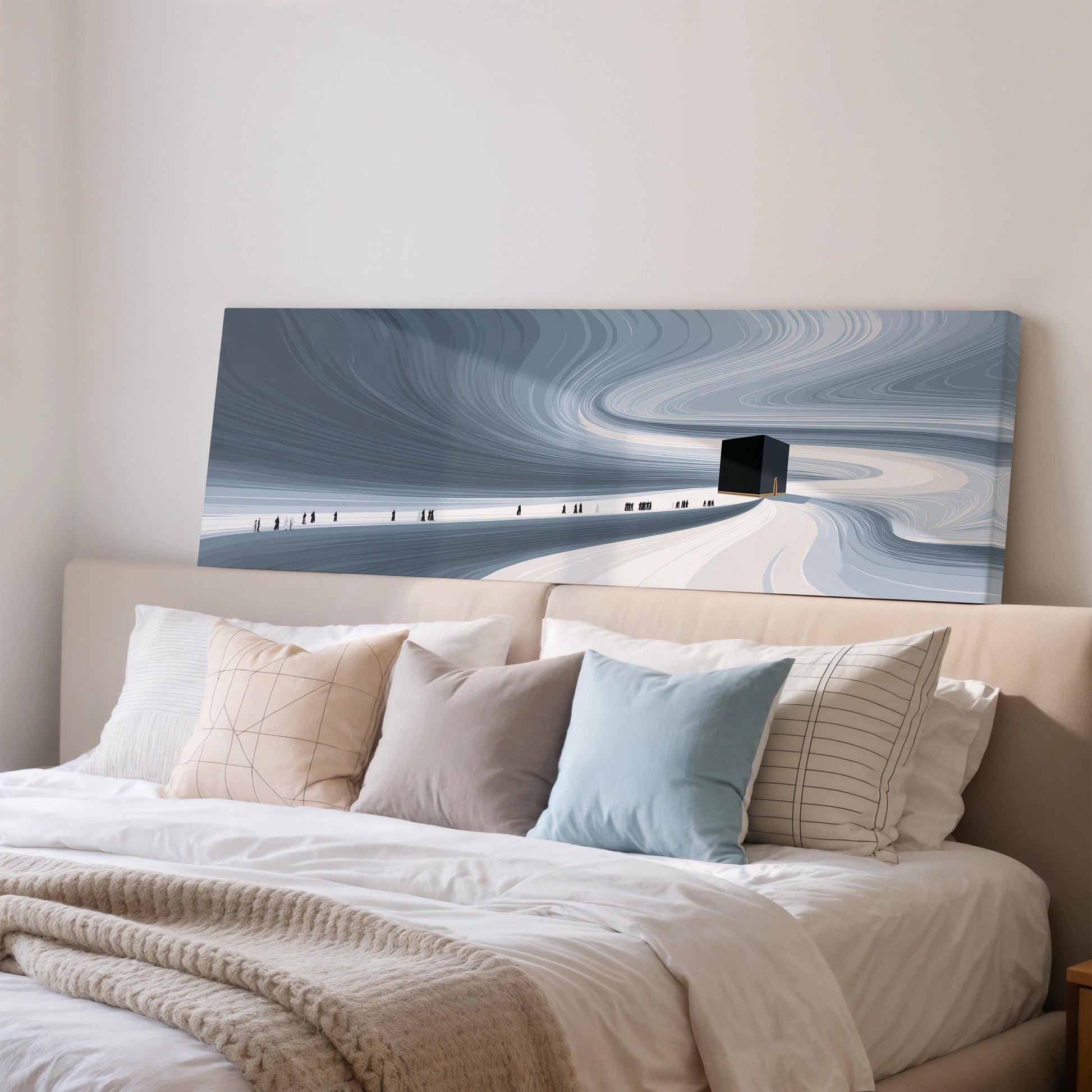 a large bed with white sheets and pillows, and a painting of a building on the wall above it.