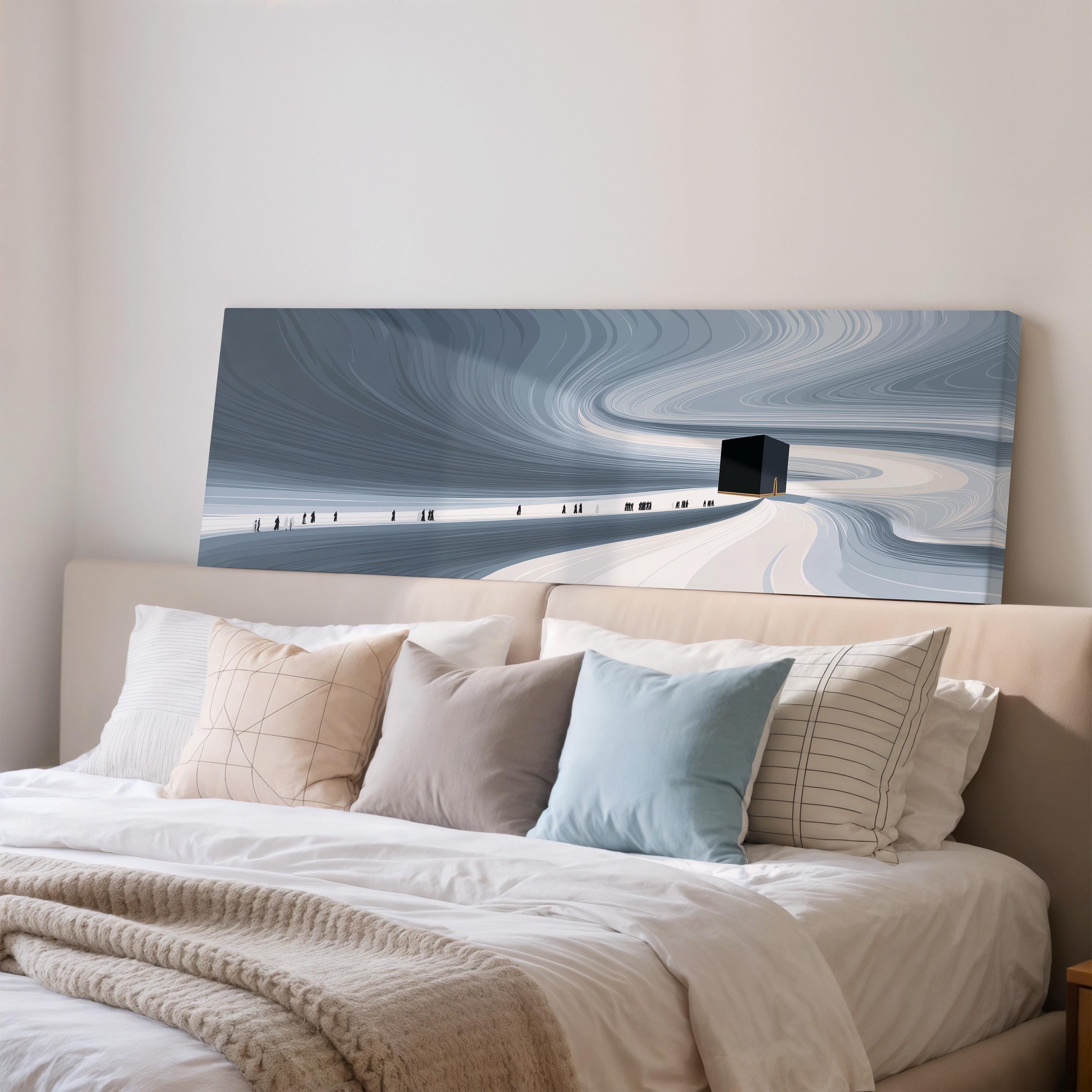 a large bed with white sheets and pillows, and a painting of a building on the wall above it.