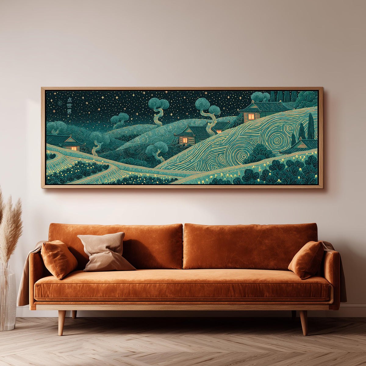 Village on swirling hills at night wide panoramic canvas print above a bench in a dark living room