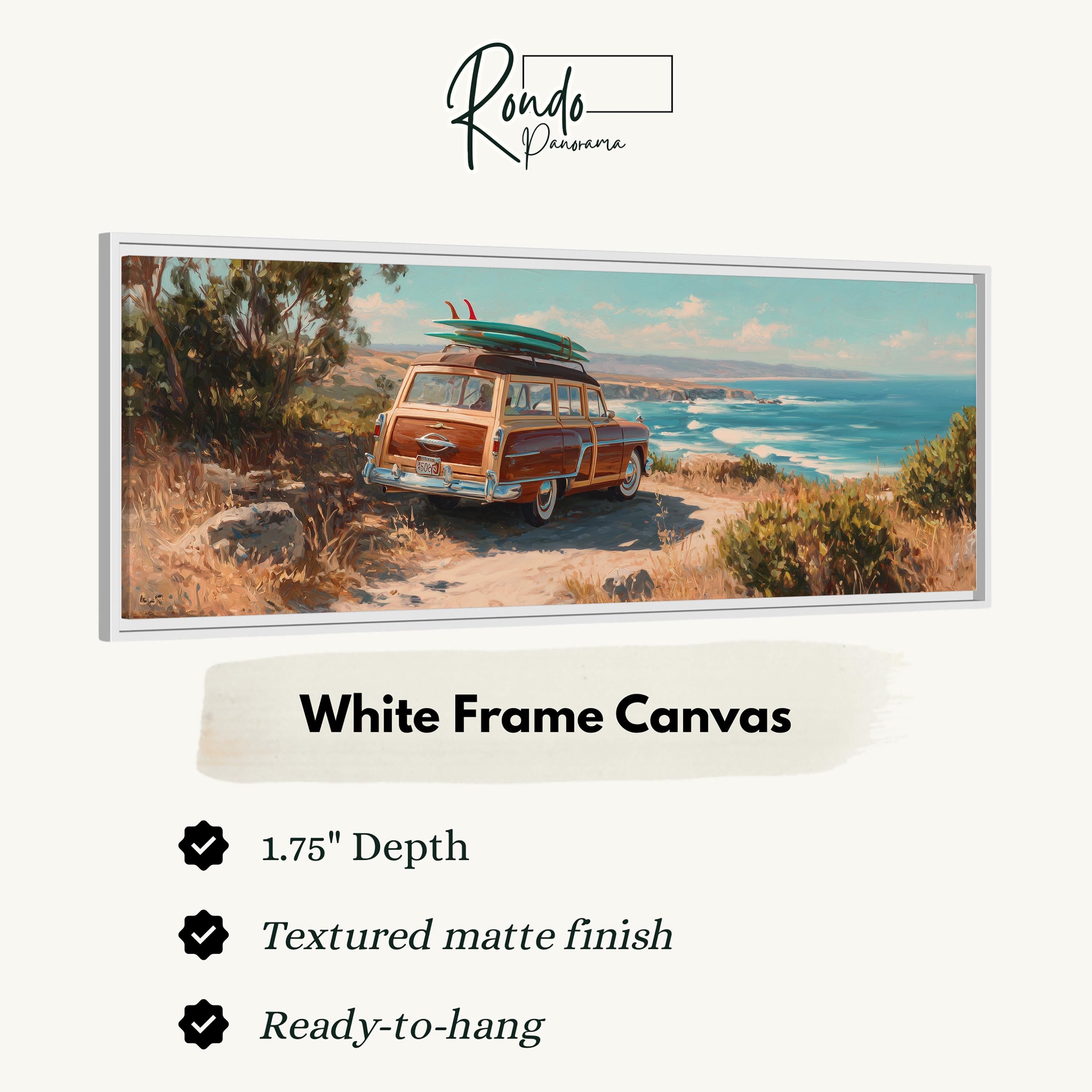 A white frame canvas depicting a vintage orange station wagon with a surfboard on top, parked on a beach with a scenic ocean view in the background.