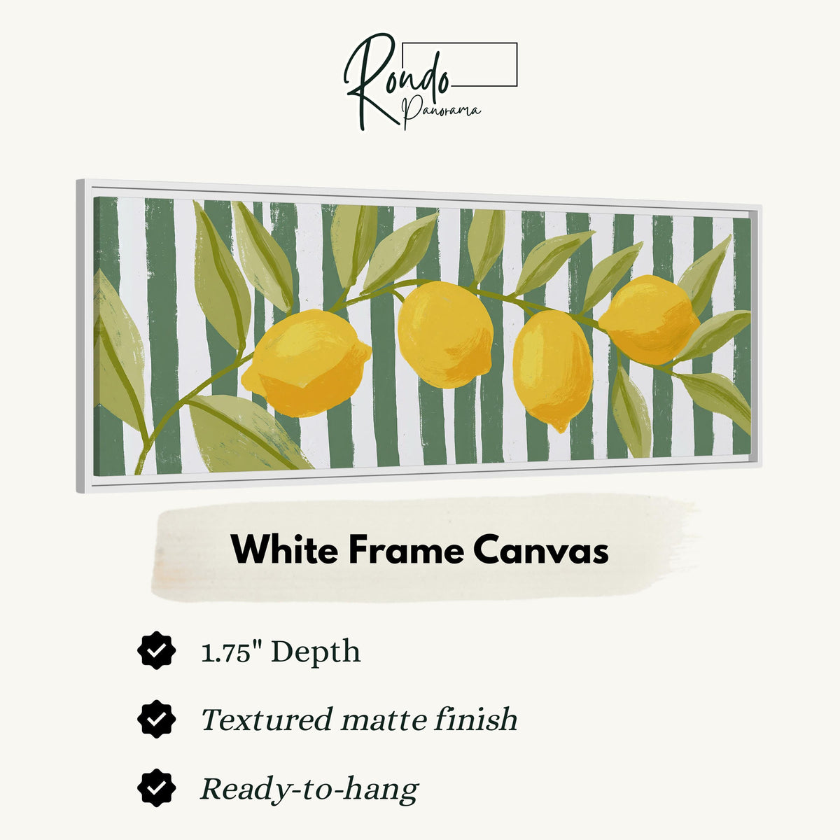 Lemon branch on green stripes canvas print in a white floating frame
