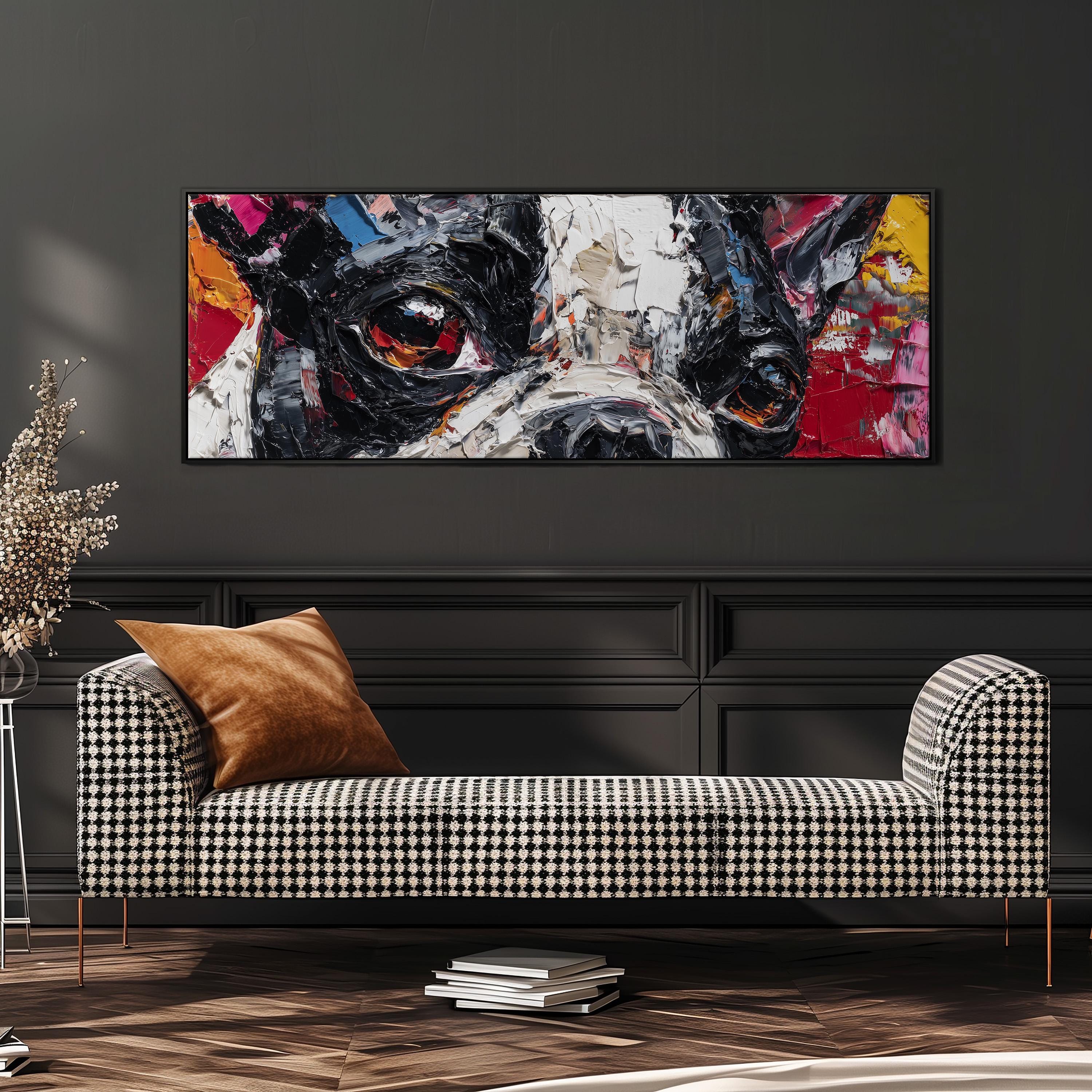 a large, colorful painting of a dog's face hanging on a wall above a black and white checkered sofa.