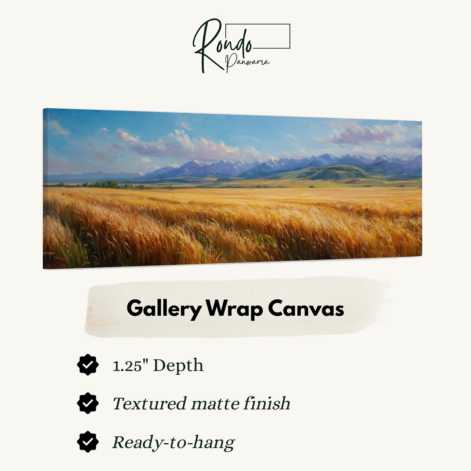 The image is a painting of a field of golden wheat under a blue sky with clouds, and it is a gallery wrap canvas.