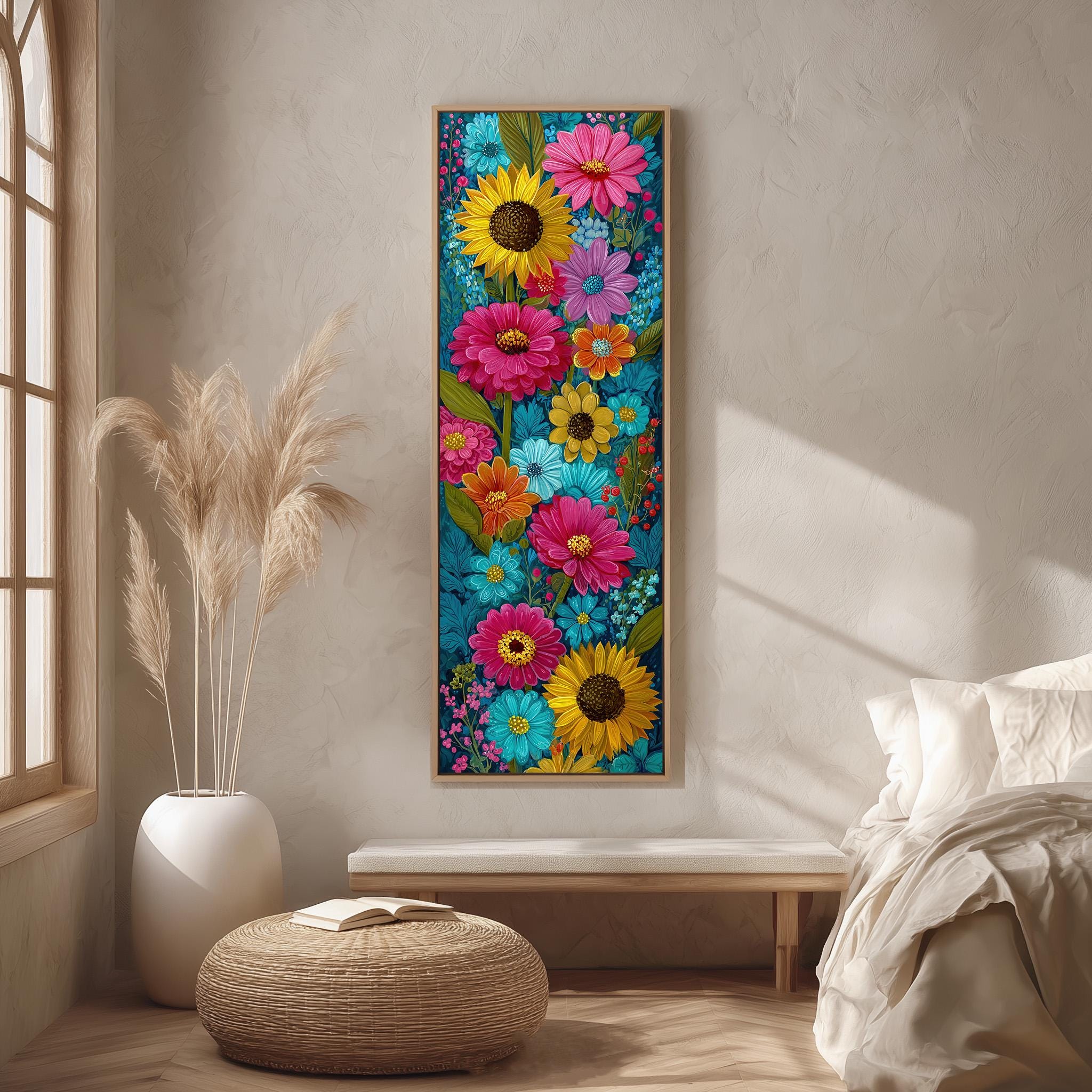 a vibrant and colorful floral painting hanging on a wall, with a variety of flowers including sunflowers, daisies, and other blooms. The painting is framed in a wooden frame and is the focal point of the room. The room has a cozy and inviting atmosphere, with a bed, a bench, and a potted plant adding to the overall aesthetic.