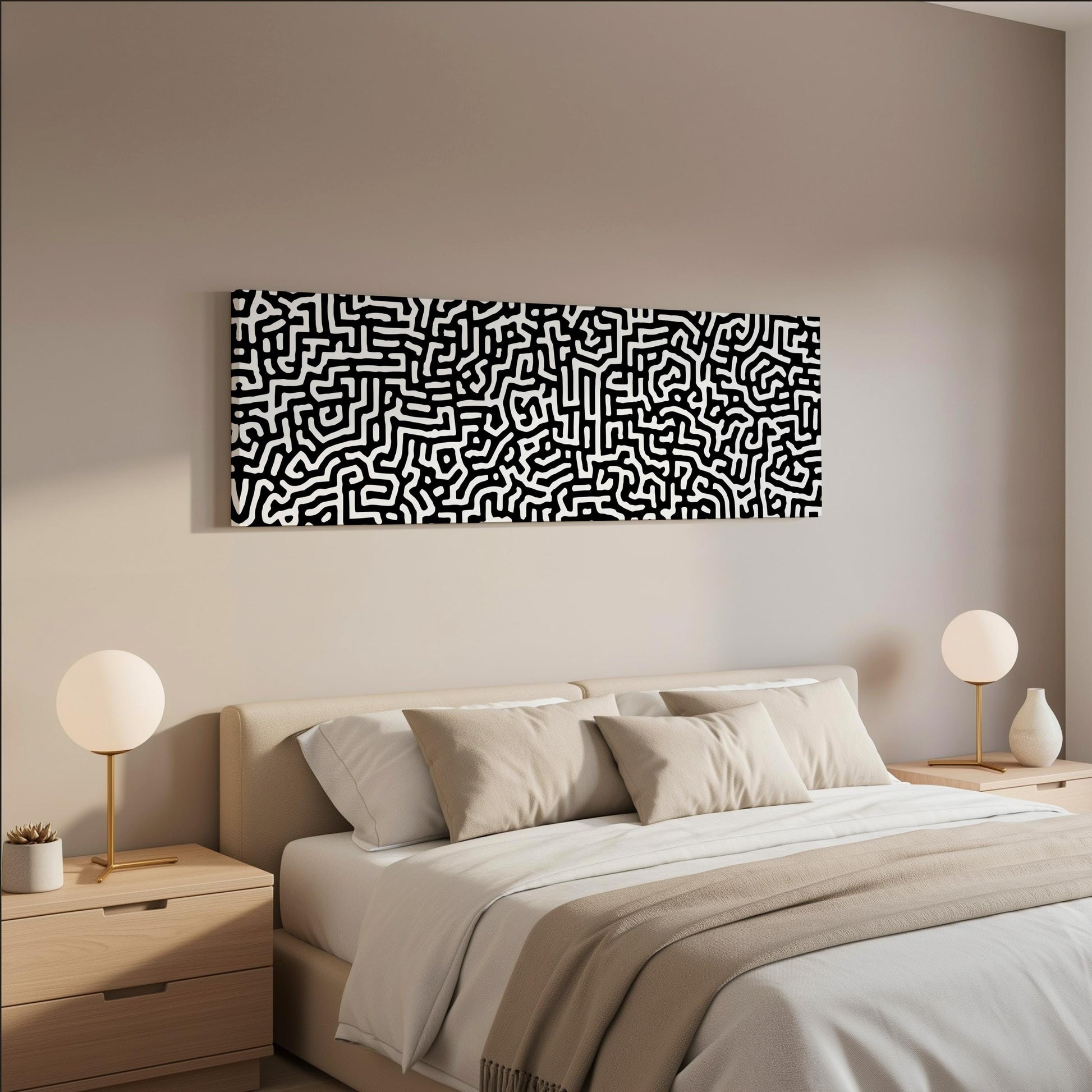 a modern bedroom with a large bed, two nightstands with lamps, and a large abstract artwork hanging on the wall above the bed.