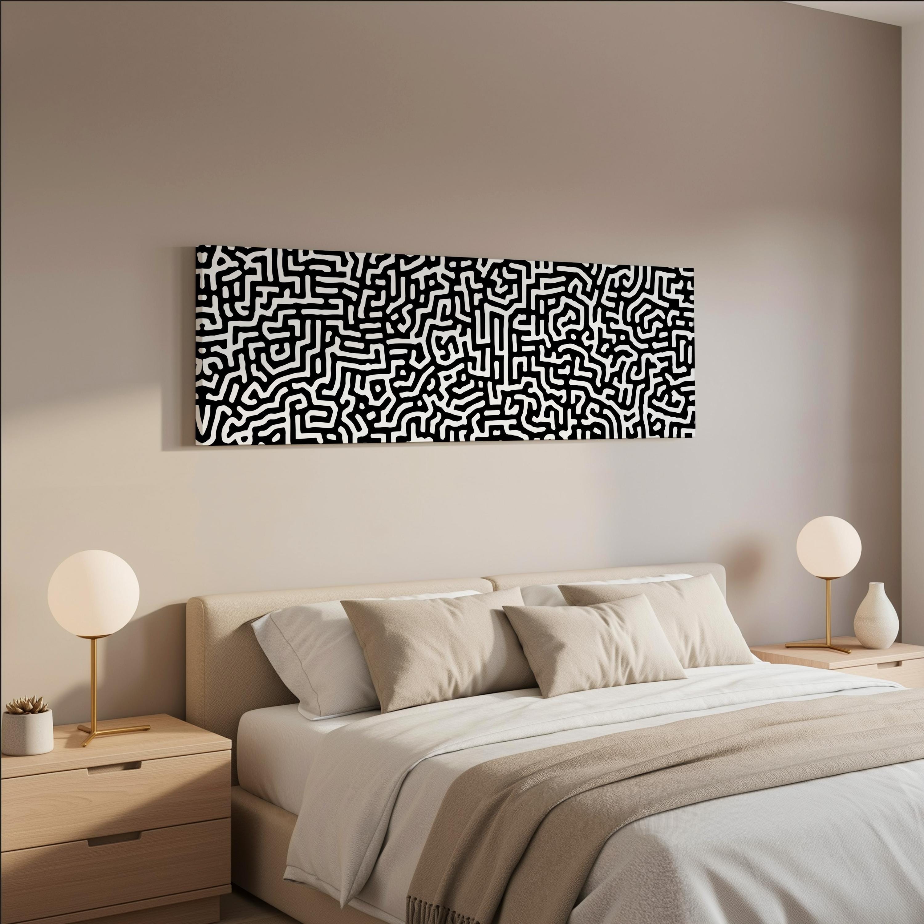 a modern bedroom with a large bed, two nightstands with lamps, and a large abstract artwork hanging on the wall above the bed.