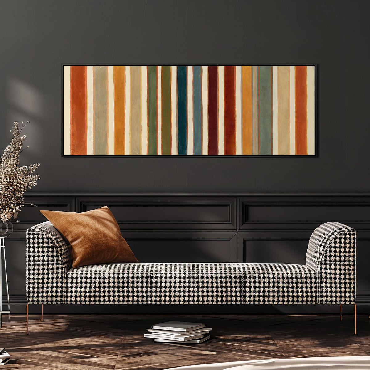 Rust, sage, maroon and teal stripes wide panoramic canvas print above a bench in a dark living room