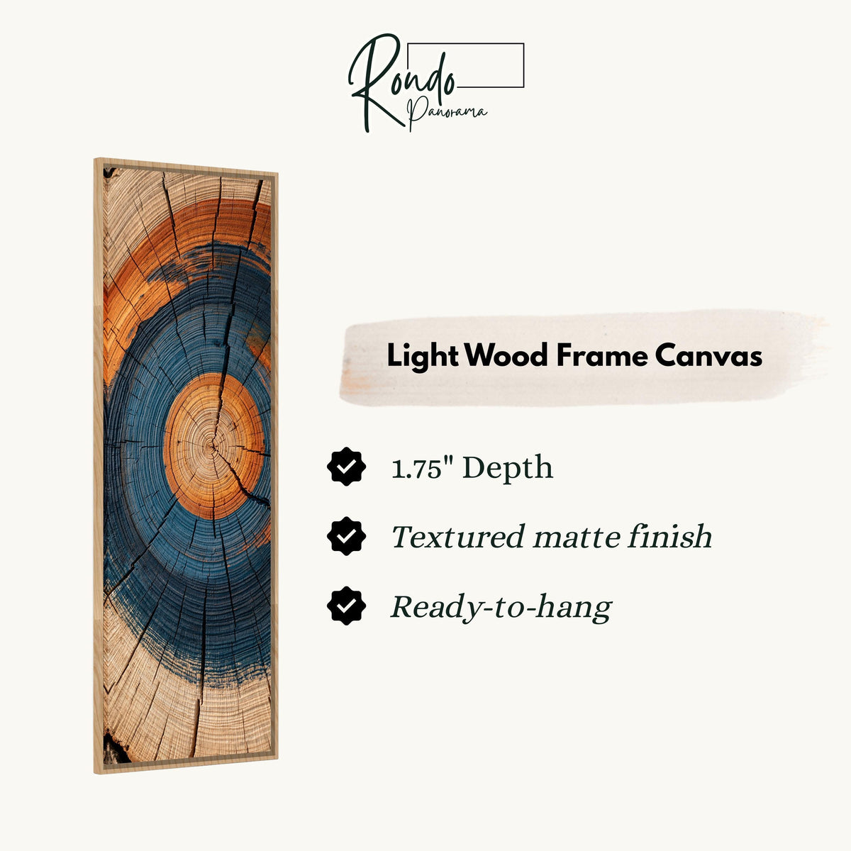 Blue and orange tree ring canvas print in a light wood floating frame