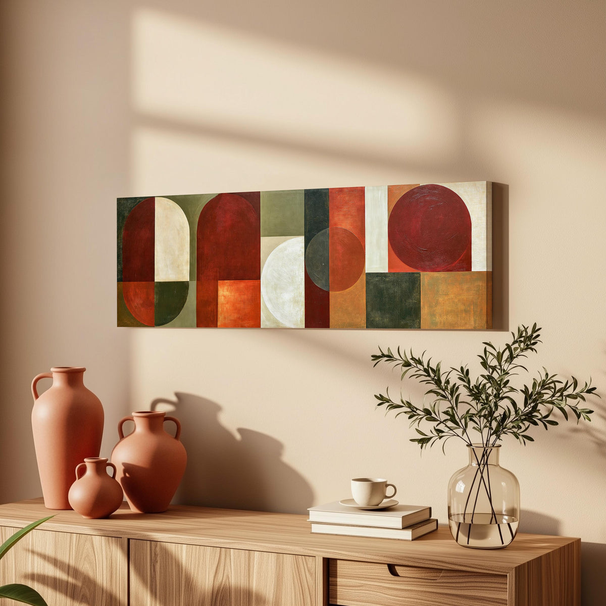 Maroon and olive geometric arches long horizontal canvas print above a wooden sideboard