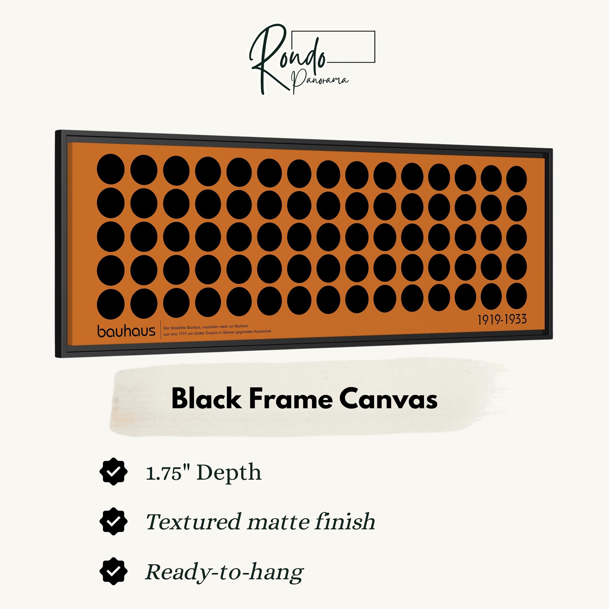 The image is a black frame canvas with a textured matte finish, measuring 1.75" in depth. It is ready to hang and has a textured matte finish.