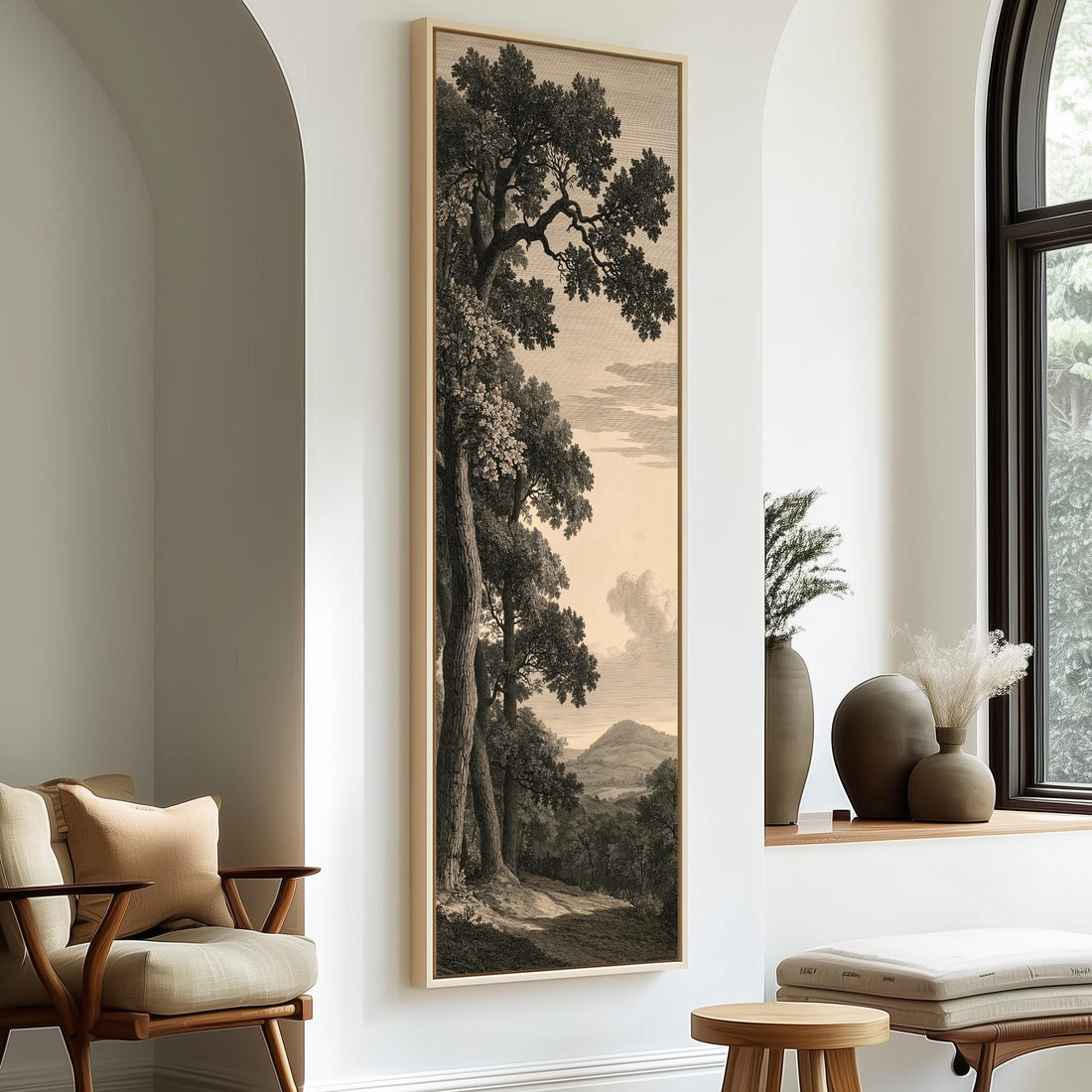 Vintage engraving of an oak tree long vertical canvas print in a sunlit living space