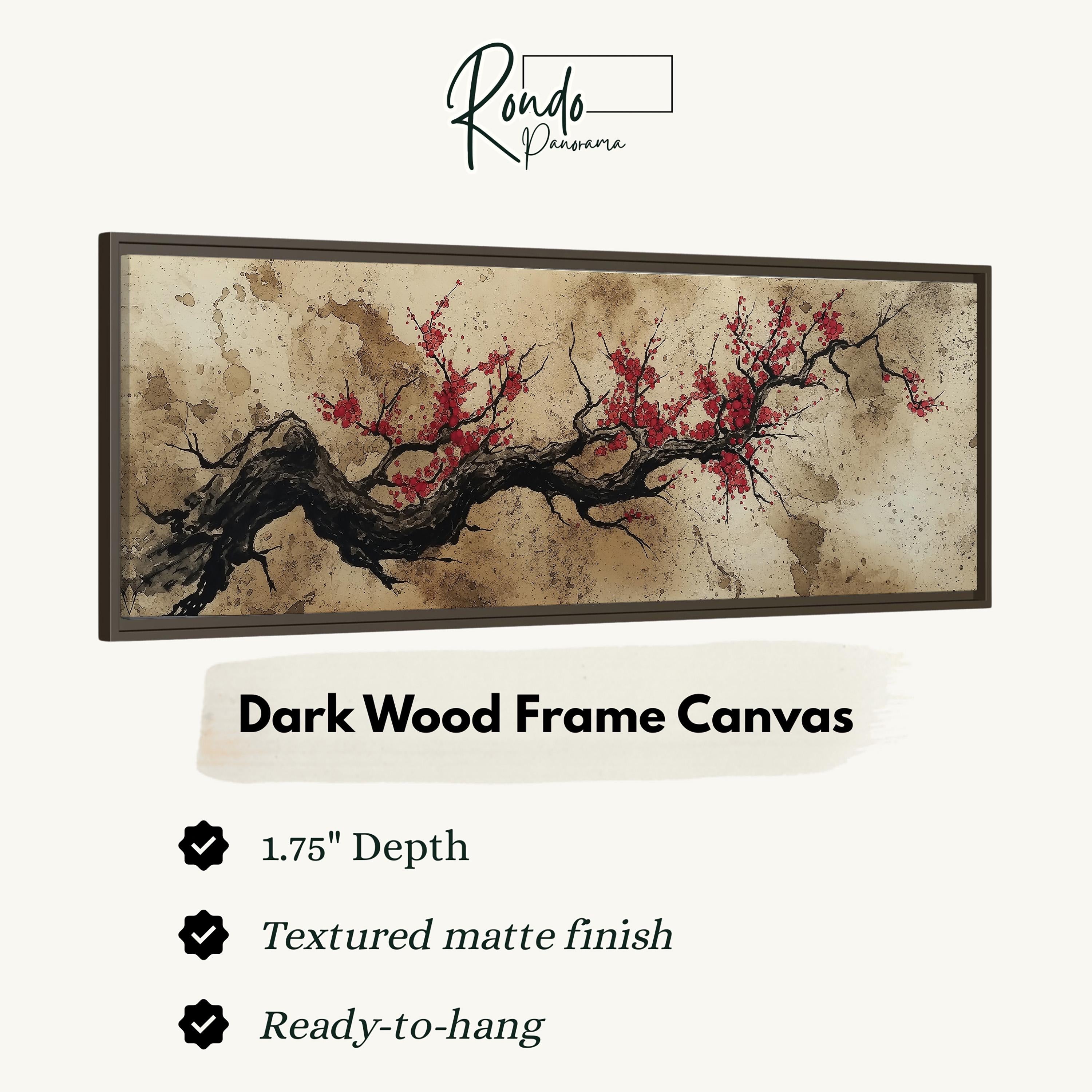 The image is a framed artwork depicting a tree with red flowers, and it is described as a "Dark Wood Frame Canvas" with a 1.75" depth, a textured matte finish, and a ready-to-hang feature.