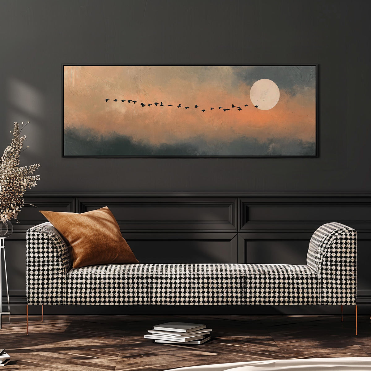 Geese flying toward the moon at twilight wide panoramic canvas print above a bench in a dark living room