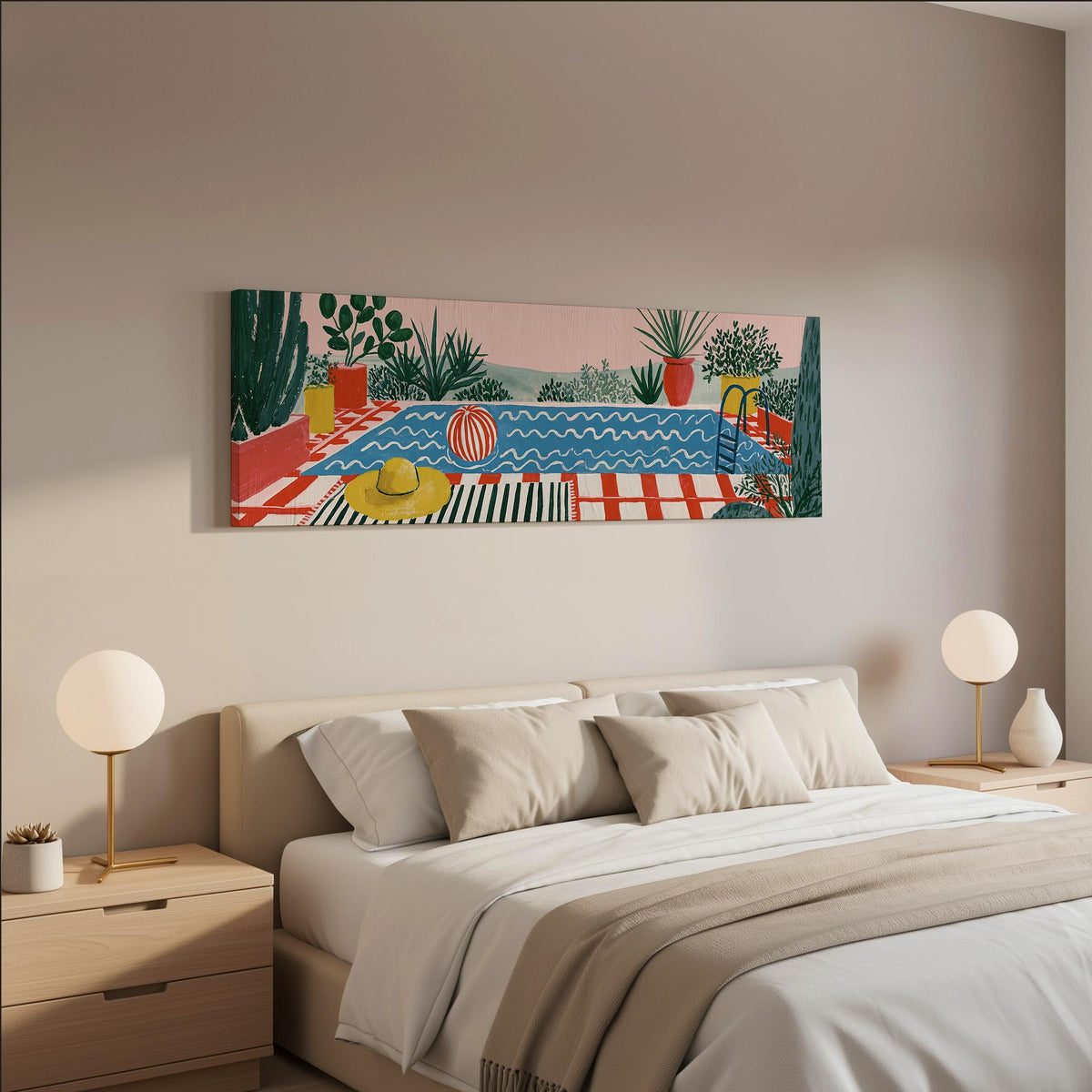 Colorful poolside courtyard wide panoramic canvas print above a bed in a neutral bedroom
