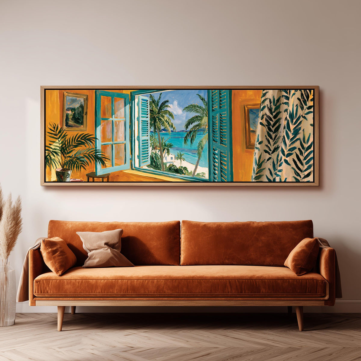 Beach house window overlooking palms and sea panoramic canvas print above a sofa in a living room