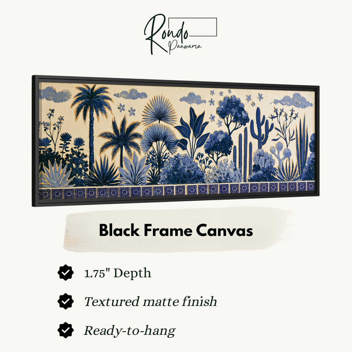 Blue palms, cacti and flowers pattern canvas print in a black floating frame