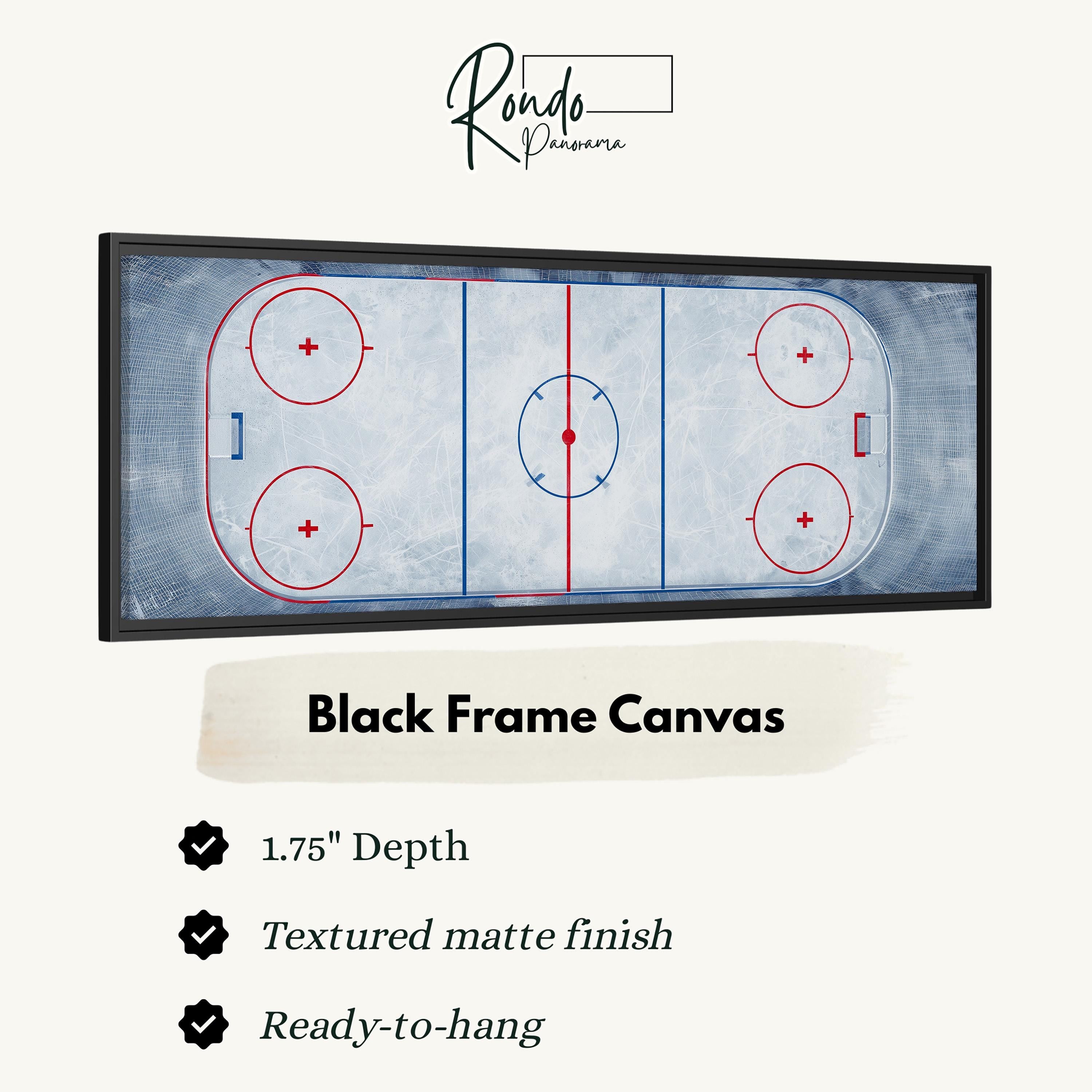 A black frame canvas depicting a hockey rink with red and blue markings.