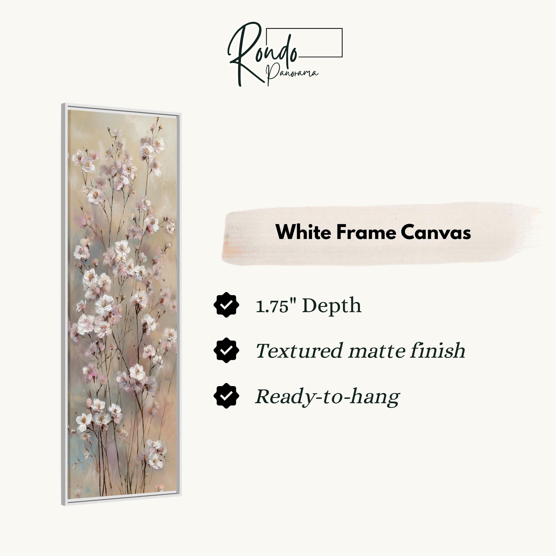 The image is a white frame canvas with a floral painting of white flowers on a beige background.