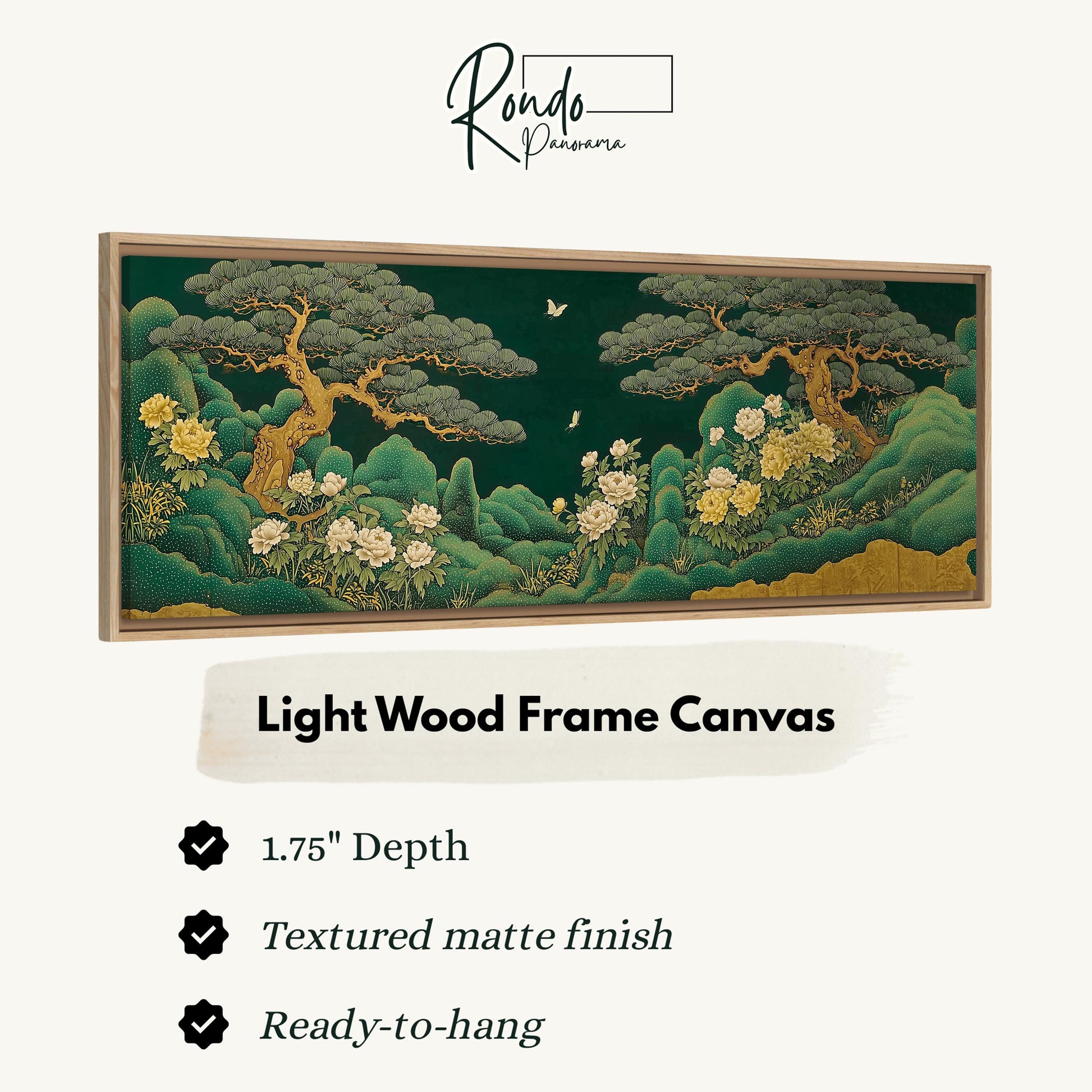 The image is a framed artwork depicting a lush, verdant landscape with trees, flowers, and a serene atmosphere.
