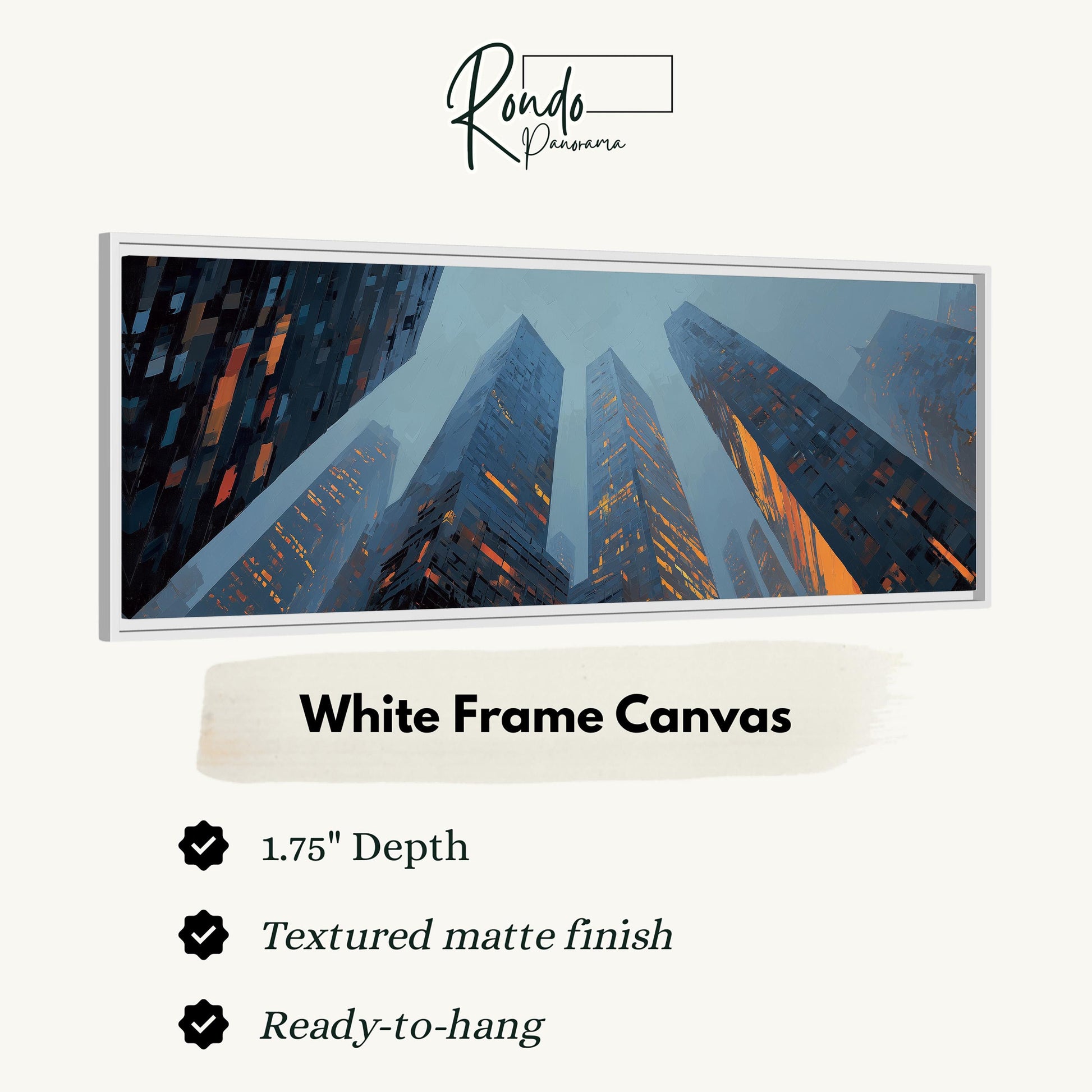 The image is a white frame canvas featuring a cityscape with tall buildings at night.