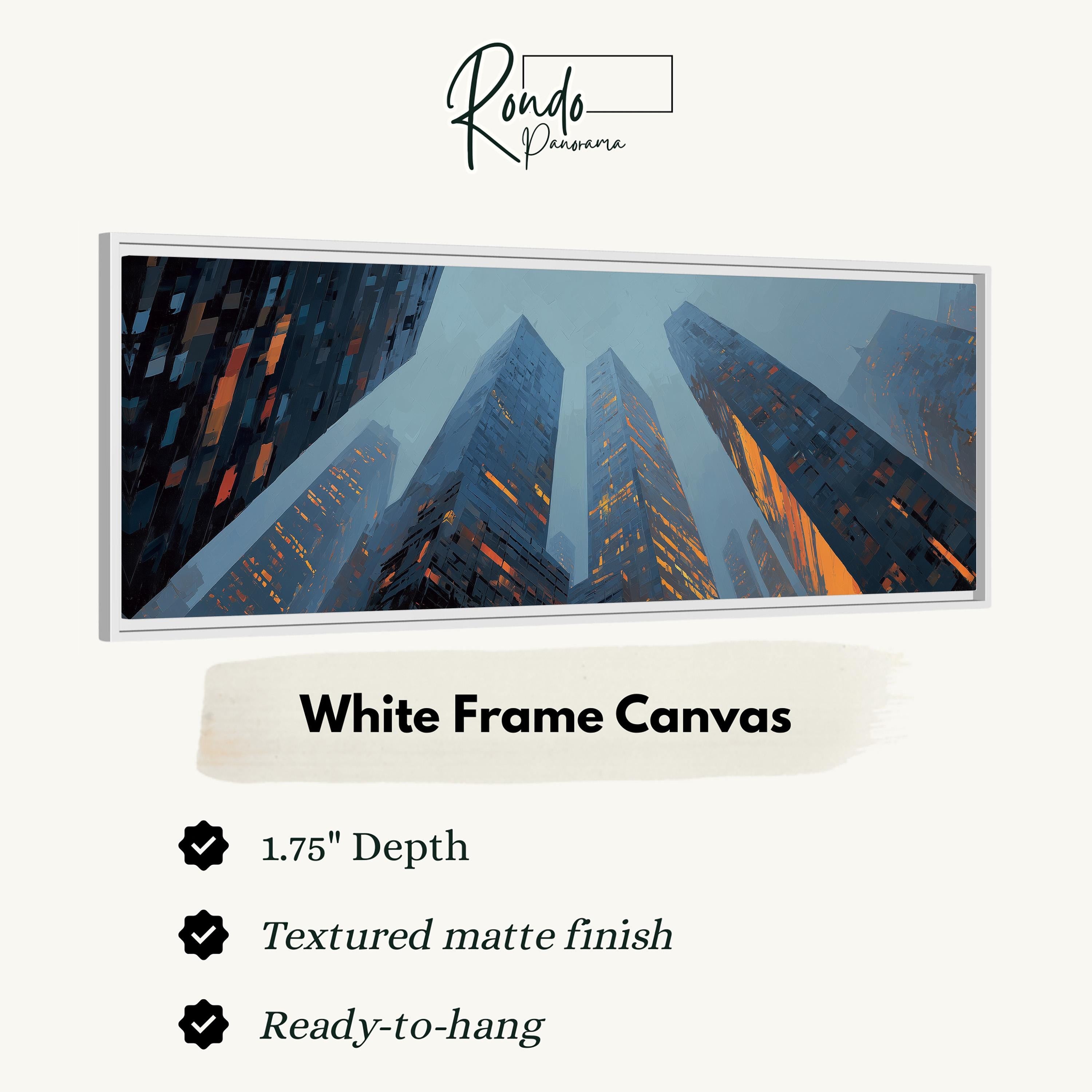 The image is a white frame canvas featuring a cityscape with tall buildings at night.