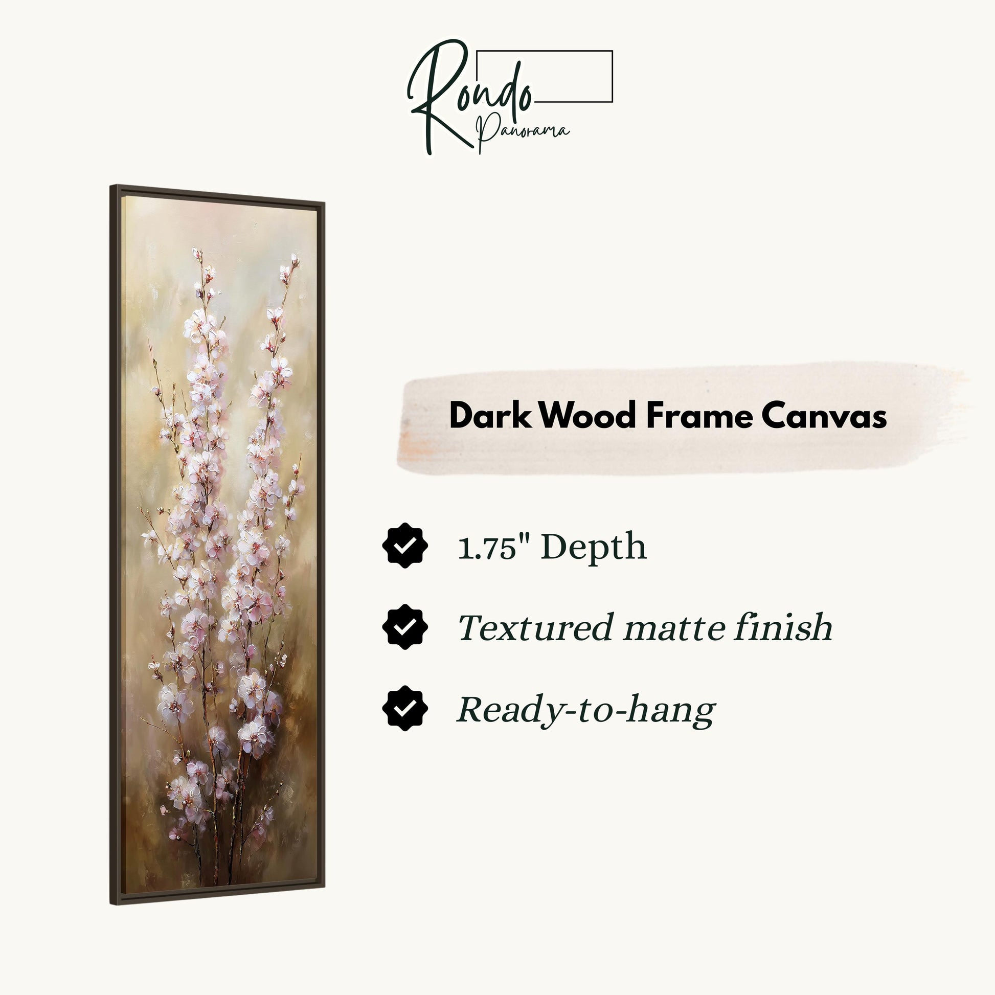 The image is a rectangular dark wood frame canvas with a painting of pink flowers on a branch.