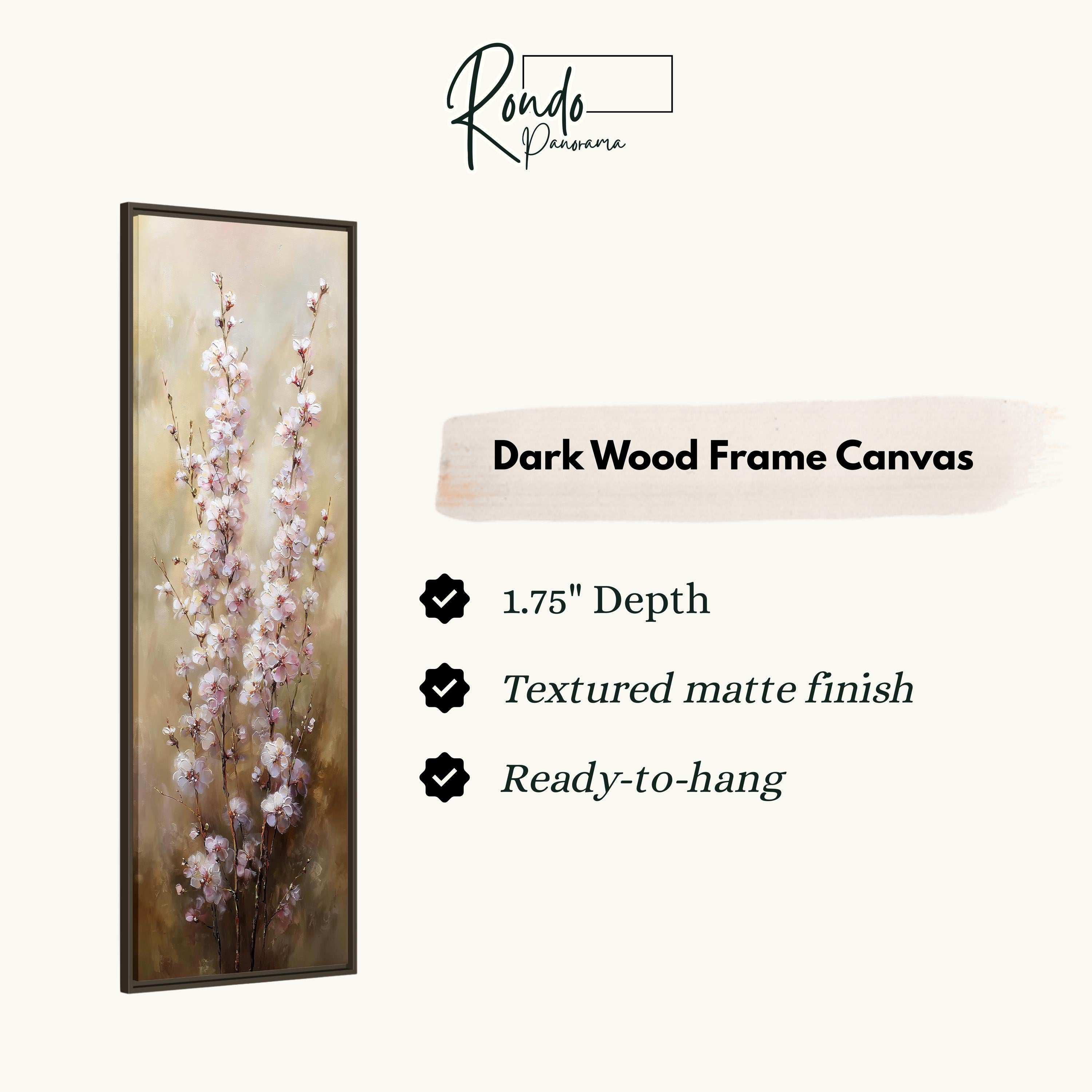 The image is a rectangular dark wood frame canvas with a painting of pink flowers on a branch.