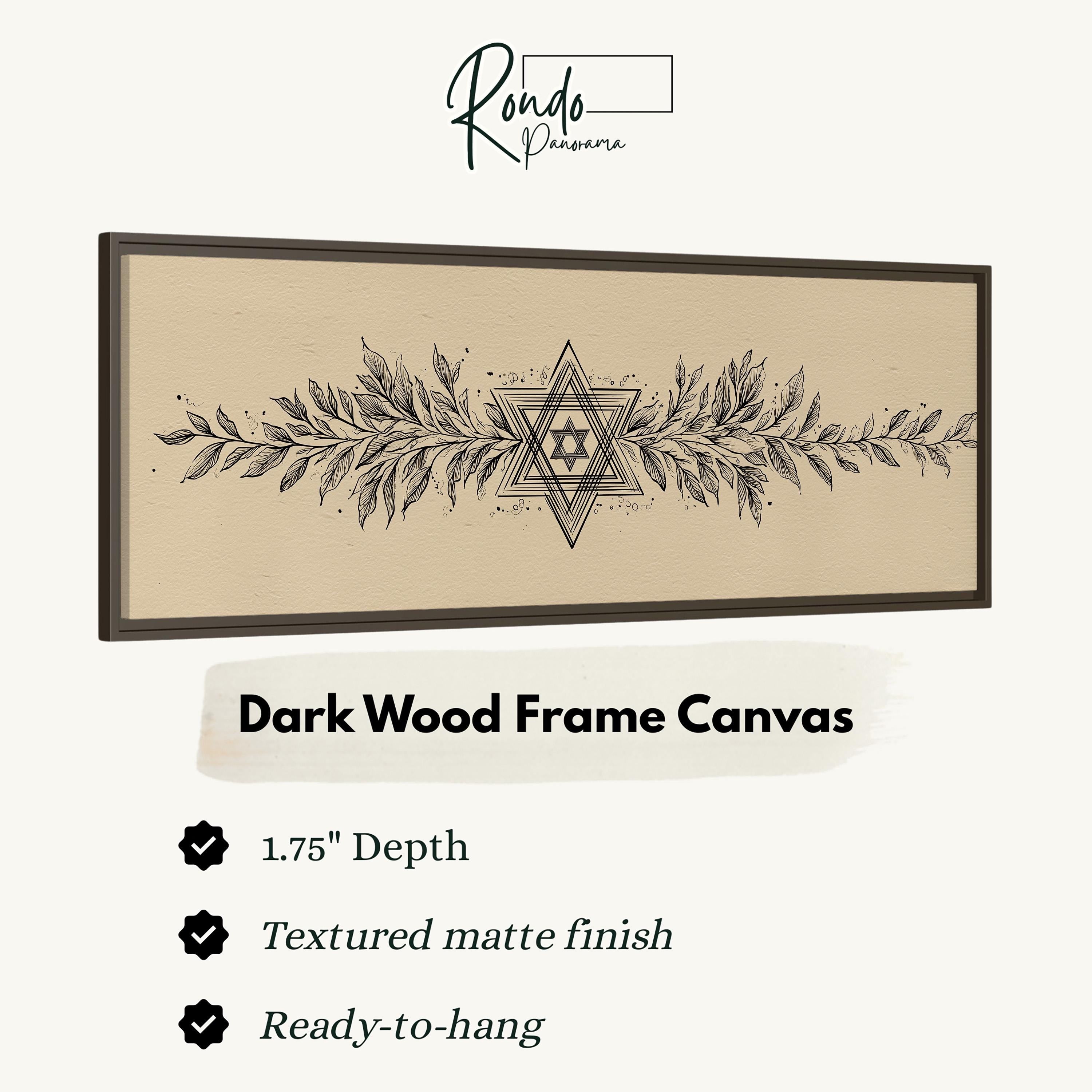 The image is a product description for a dark wood frame canvas. It features a detailed illustration of a Star of David with leaves and a geometric design. The canvas has a 1.75" depth, is textured with a matte finish, and is ready to hang.