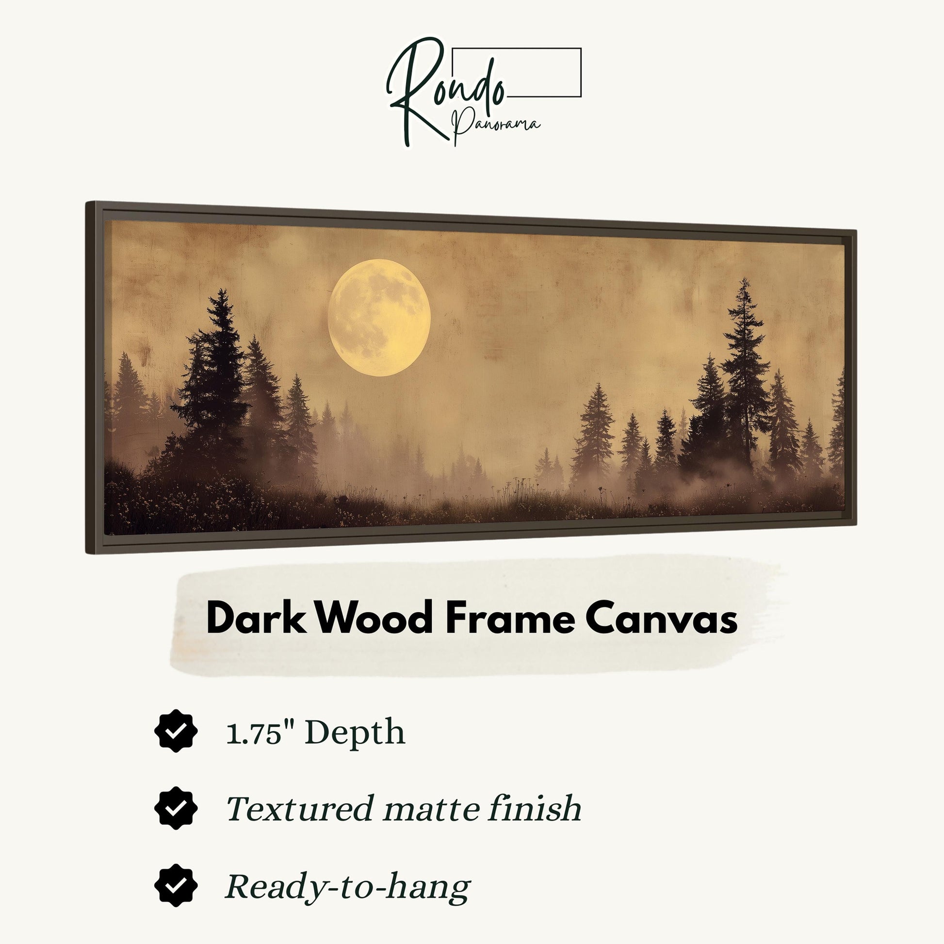 a large, dark wood frame canvas depicting a forest scene with a full moon in the background.