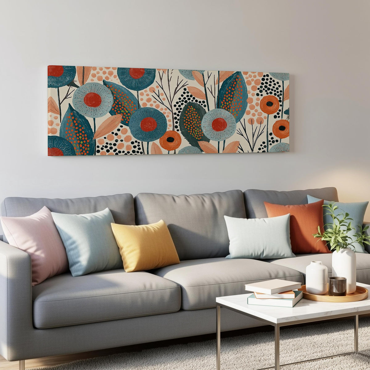 Teal poppies and speckled leaves panoramic canvas print above a grey sofa in a living room