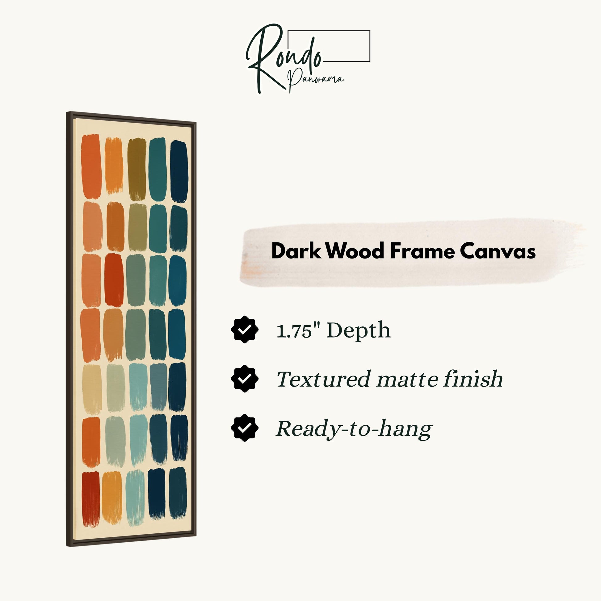 The image is a product description for a dark wood frame canvas. It features a vertical design with a grid of different colored squares, and provides details about the product, including its dimensions, finish, and hanging capabilities.