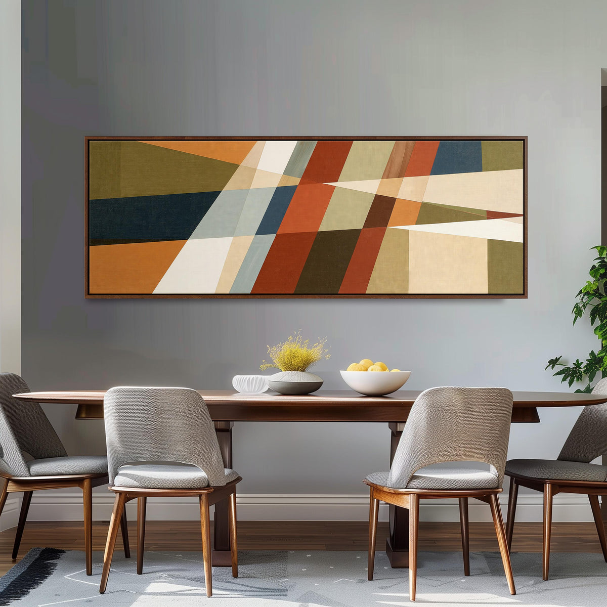 Rust and navy diagonal color blocks long horizontal canvas print above a dining table