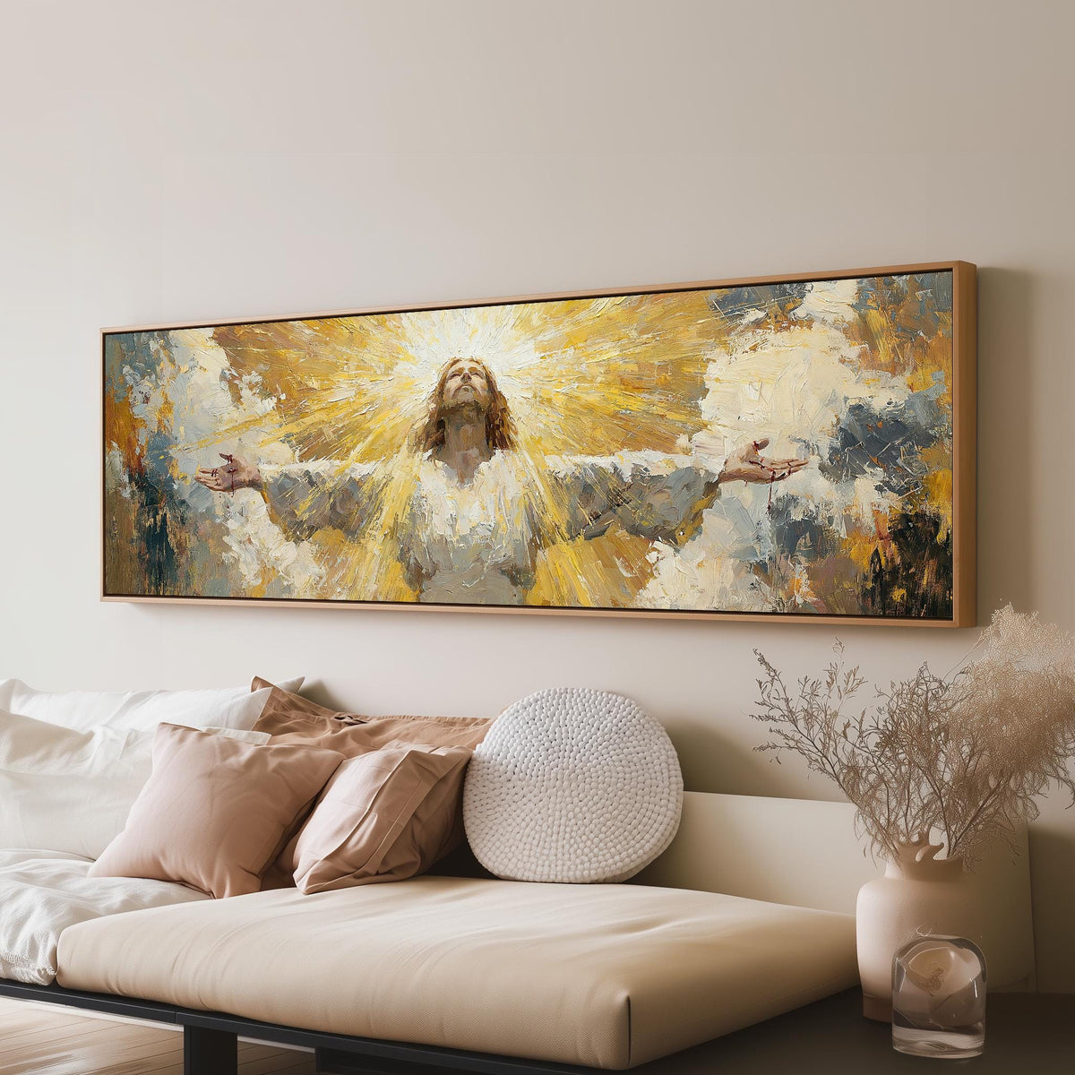 Risen Christ in golden light long horizontal canvas print above a sofa in a living room