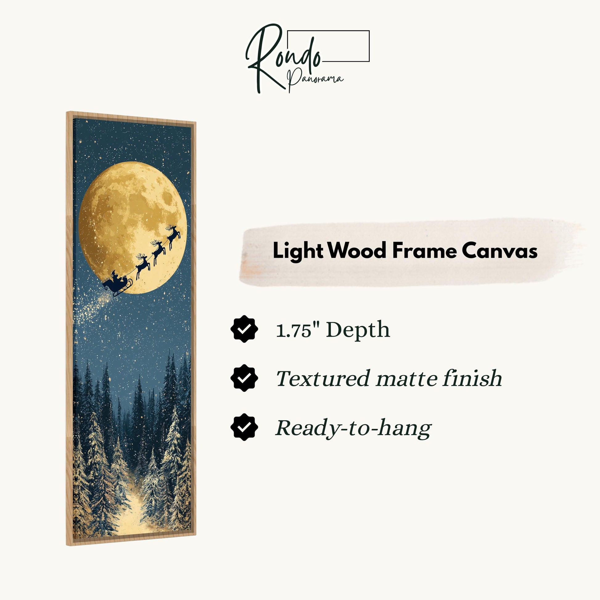 The image is a light wood frame canvas depicting a snowy forest scene with a full moon and reindeer sleigh in the background.
