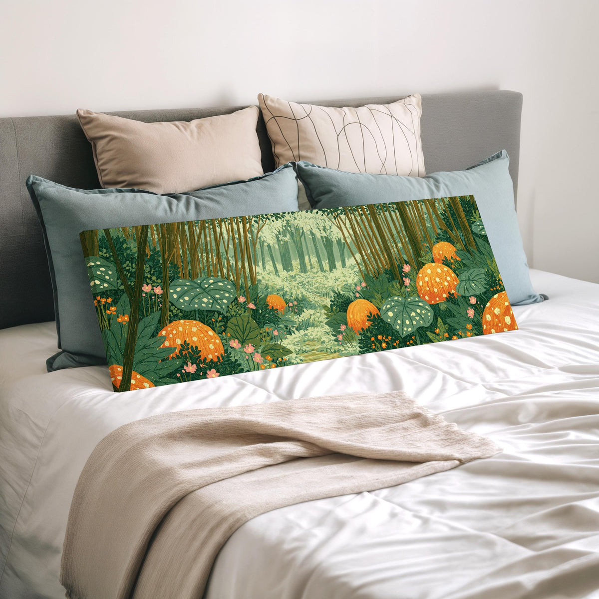 Amber mushroom forest wide panoramic canvas print laid on a bed to show its size