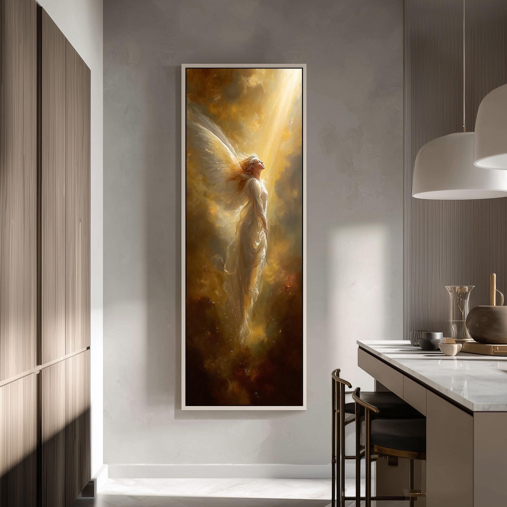 a large, framed painting of a woman with wings, hanging on a wall in a modern, minimalist kitchen.